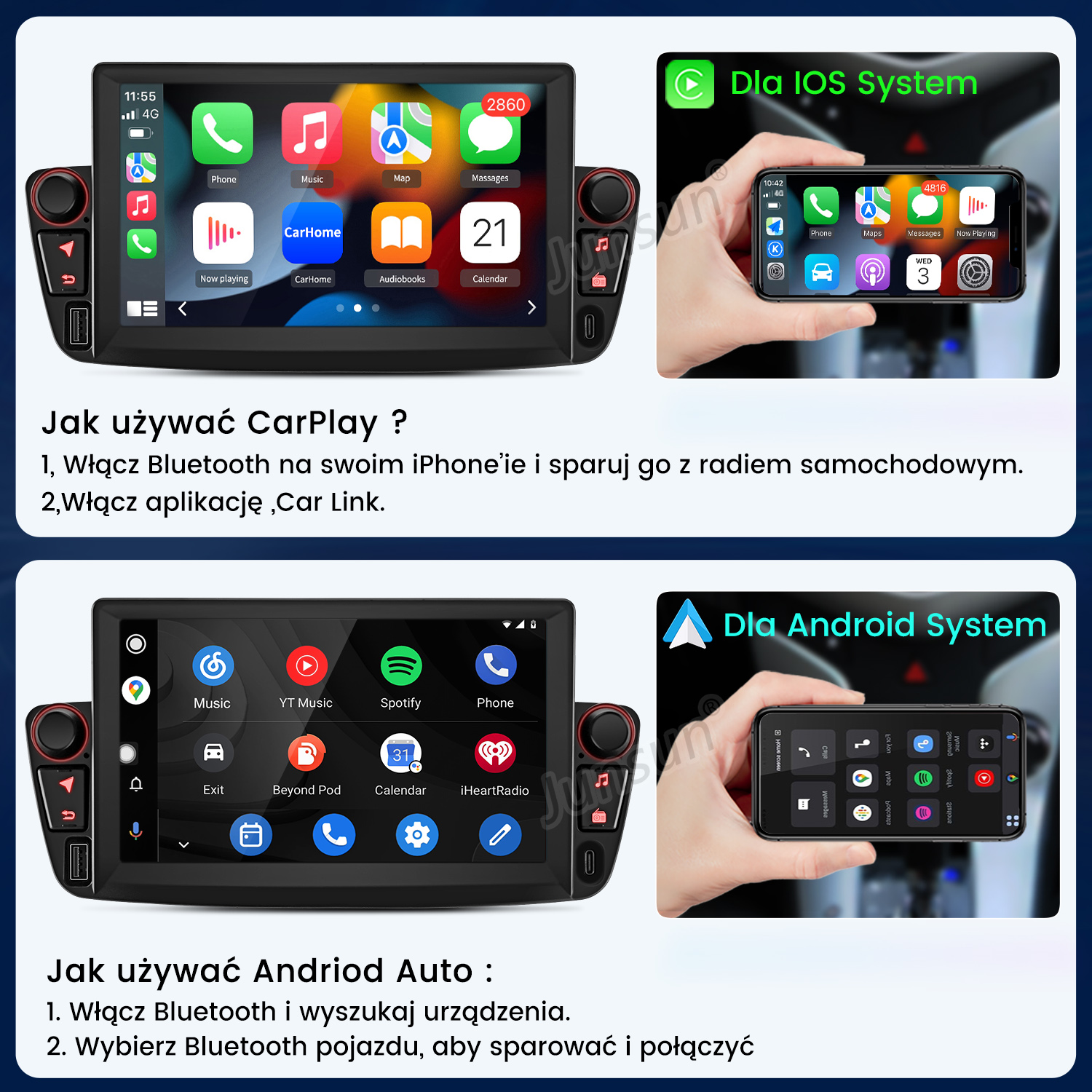 Ekran radia samochodowego wyświetlający aplikacje i dwa telefony pokazujące interfejsy CarPlay i Android Auto.