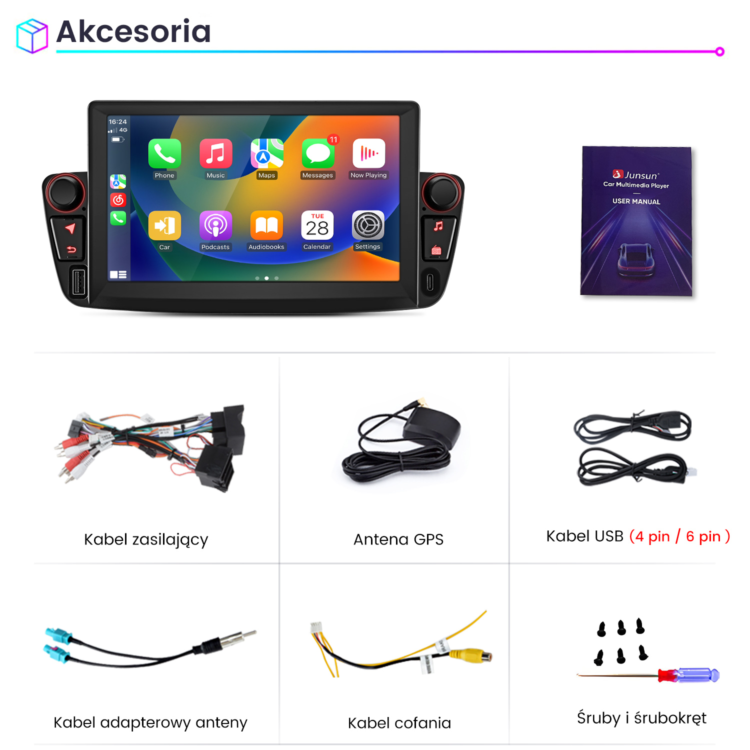 Odtwarzacz multimedialny do samochodu z akcesoriami: kable, antena GPS, kable USB, kabel adaptera, kabel cofania, śruby i śrubokręt.
