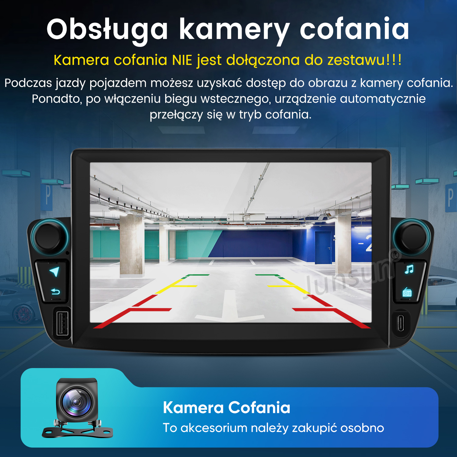 Wyświetlacz kamery cofania z liniami parkingowymi, pokazujący garaż. Kamera jest opcjonalnym akcesorium.