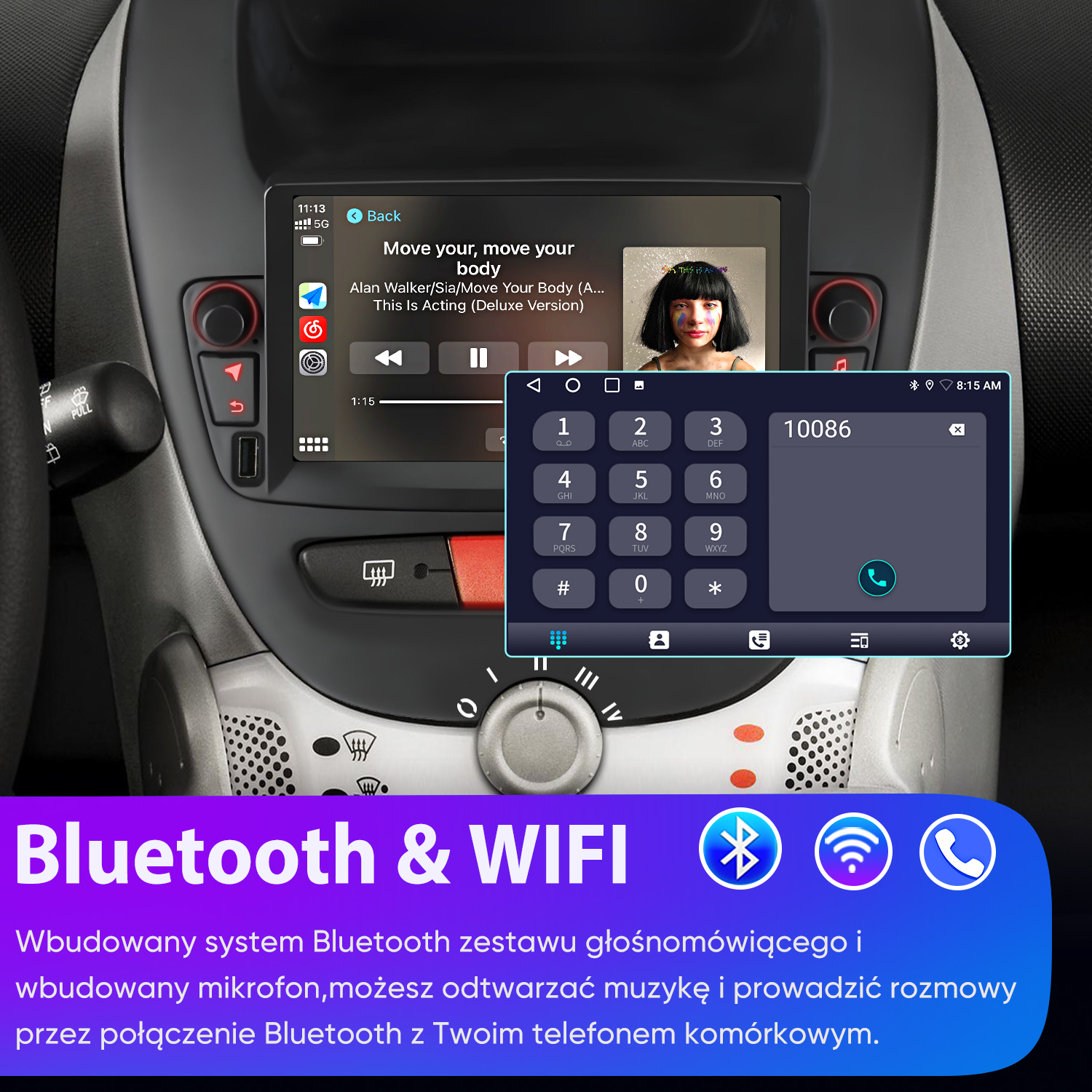 Panel samochodu z ekranem muzycznym i klawiaturą do połączeń telefonicznych.