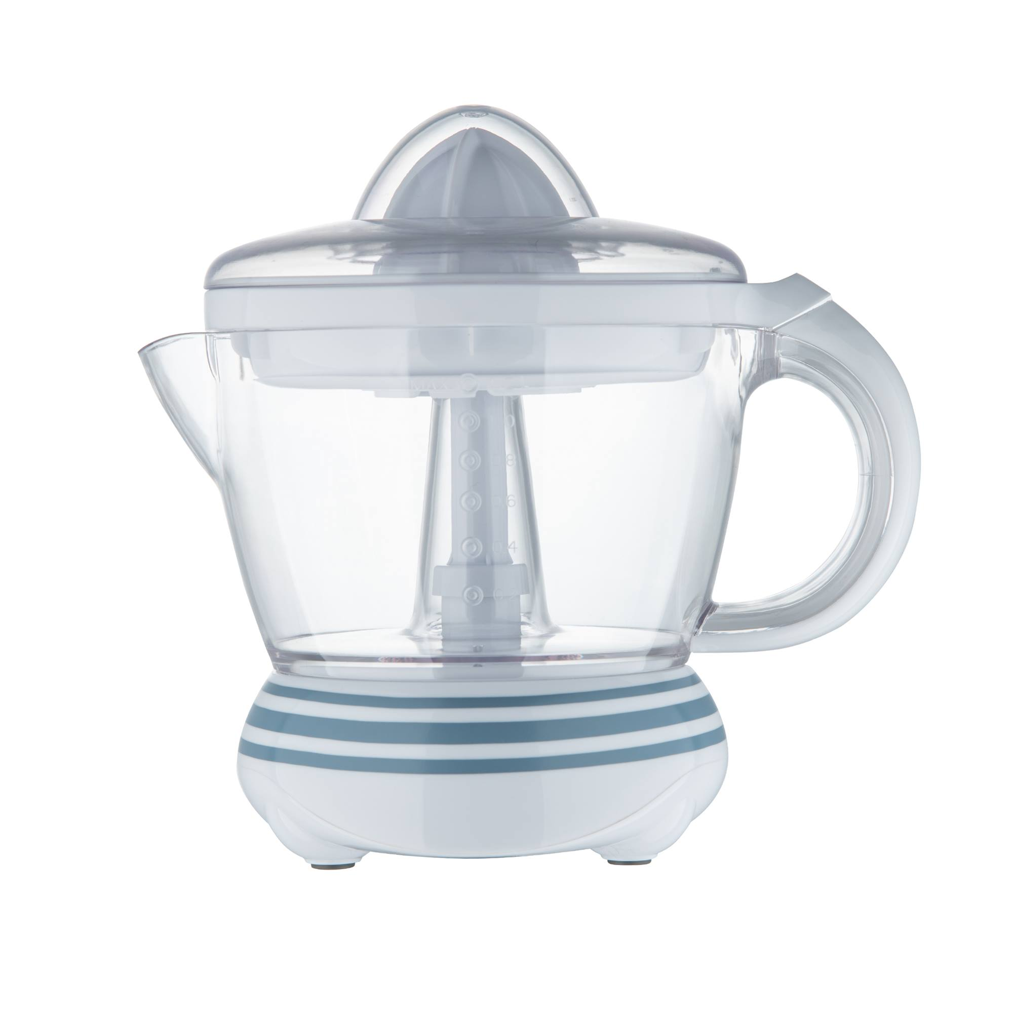 Un exprimidor de cítricos de plástico blanco y transparente. Tiene un asa, un pico y un cono acanalado.