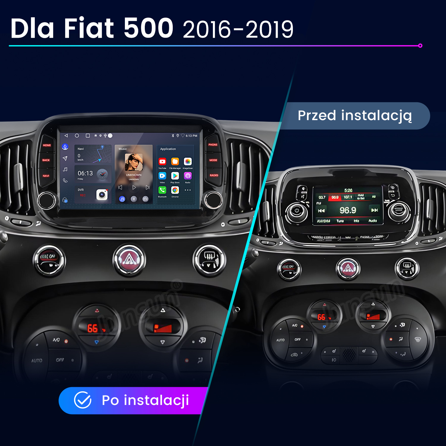 Deska rozdzielcza samochodu pokazuje stare radio po prawej i nowy ekran po lewej, porównując przed i po instalacji.