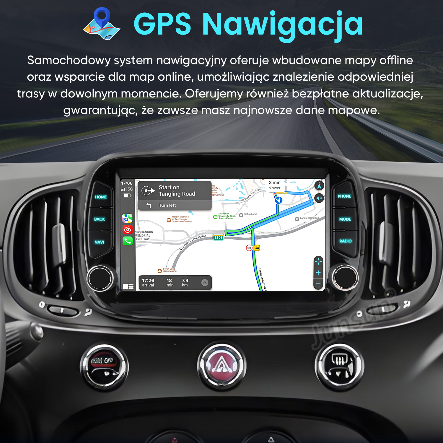 Deska rozdzielcza samochodu z nawigacją GPS i mapą. Ekran wyświetla trasę z nazwami ulic i wskazówkami.
