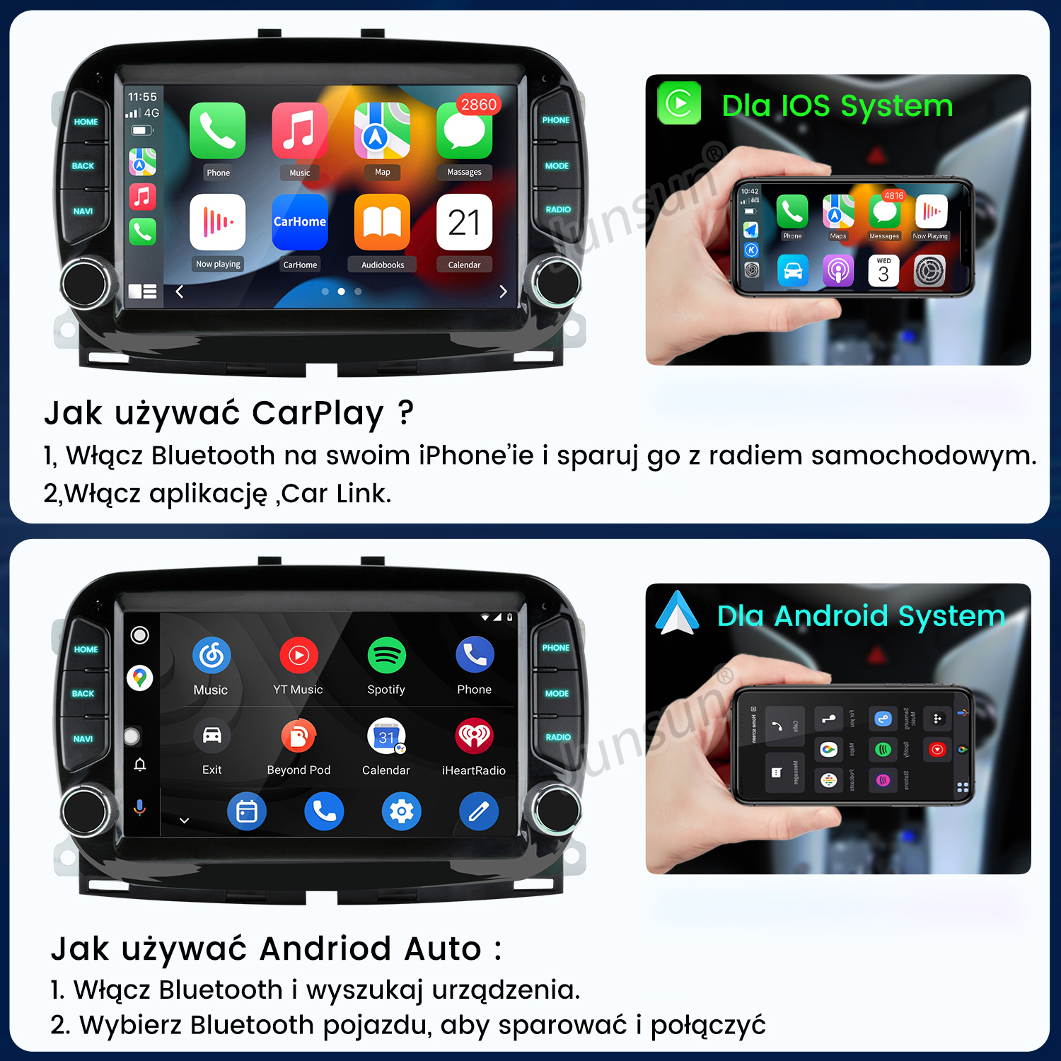 Ekran radia samochodowego z ikonami aplikacji i obrazami telefonów z instrukcjami konfiguracji CarPlay i Android Auto.