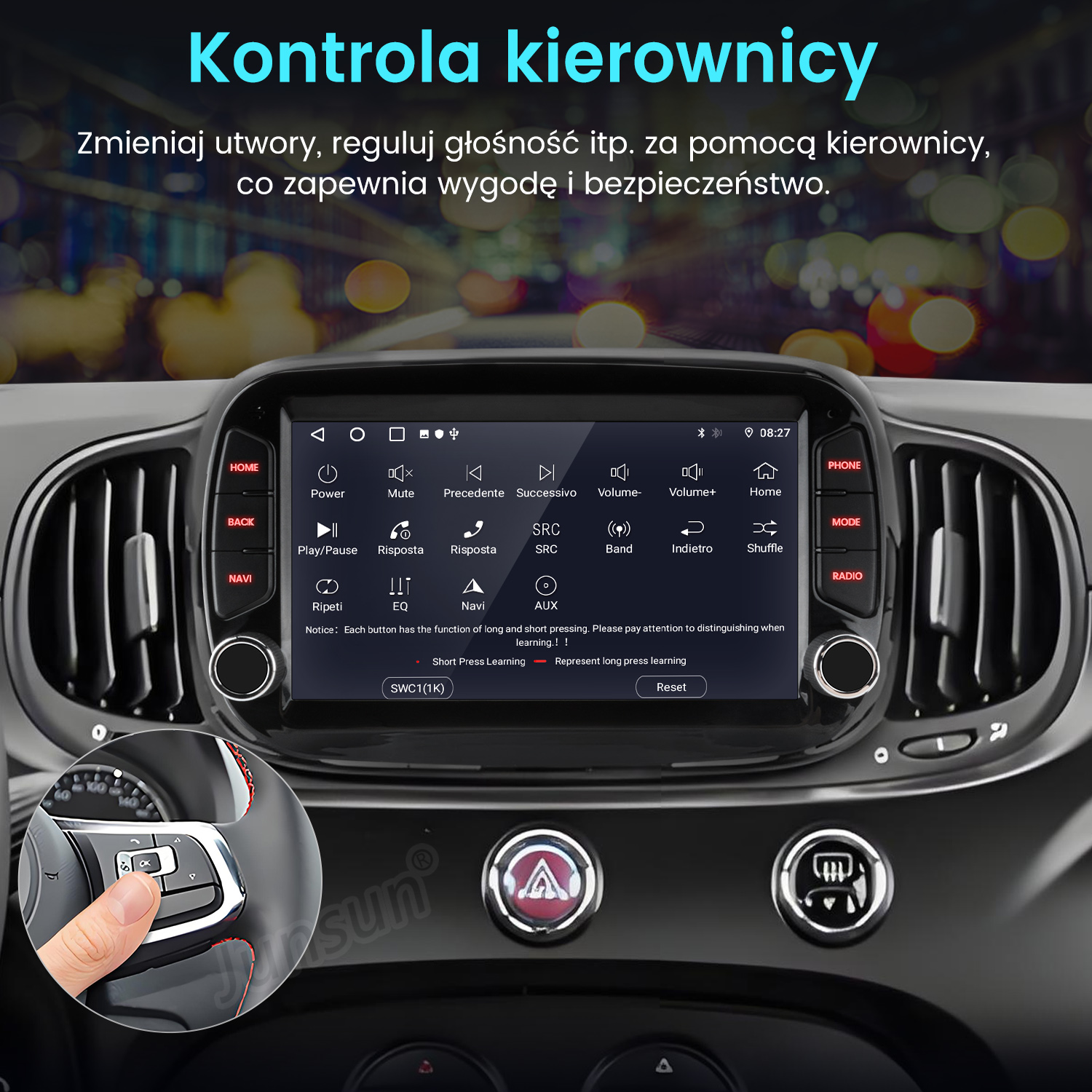 Deska rozdzielcza samochodu z ekranem wyświetlającym opcje, dłoń dotykająca przycisku na kierownicy i tekst po polsku.