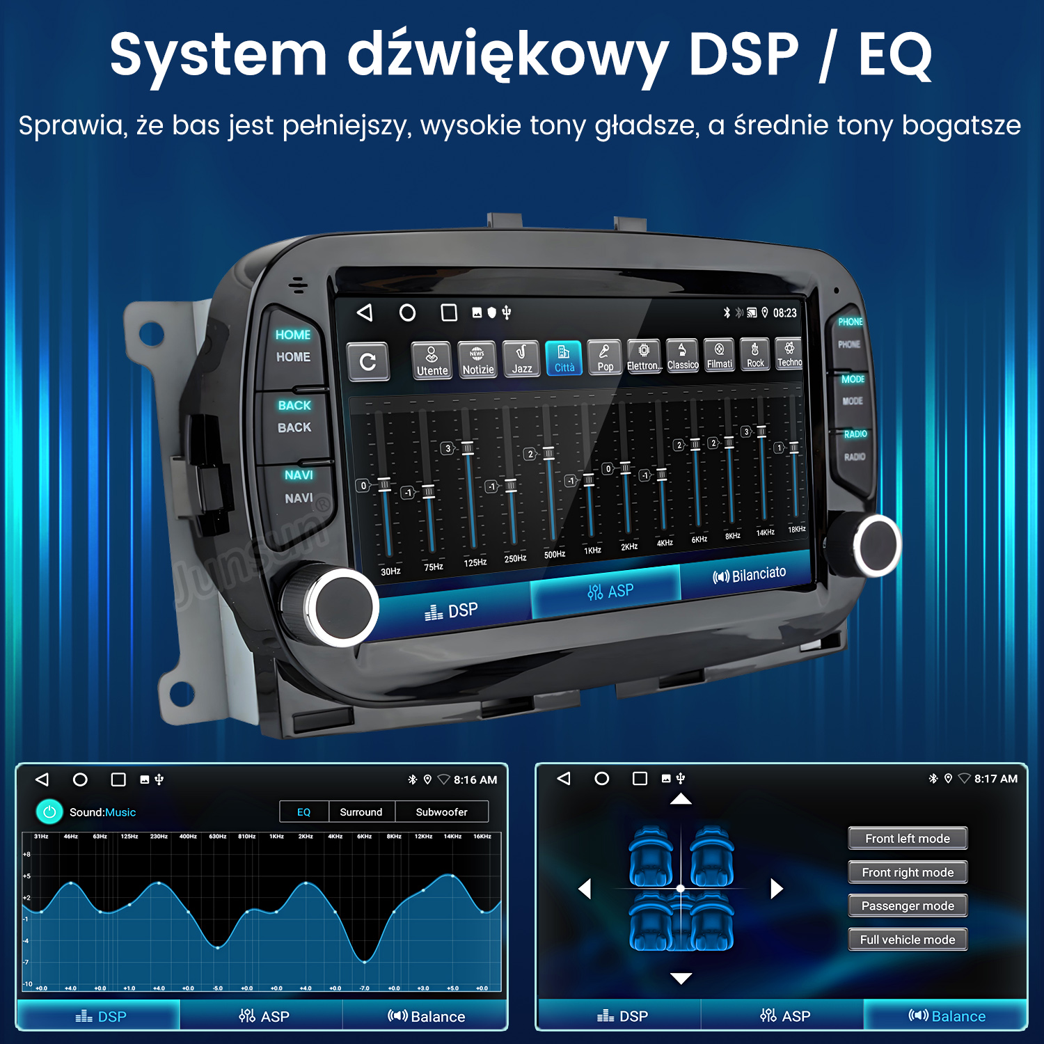 Interfejs systemu audio w samochodzie. Wyświetla ustawienia korektora, tryby dźwięku i regulację balansu.
