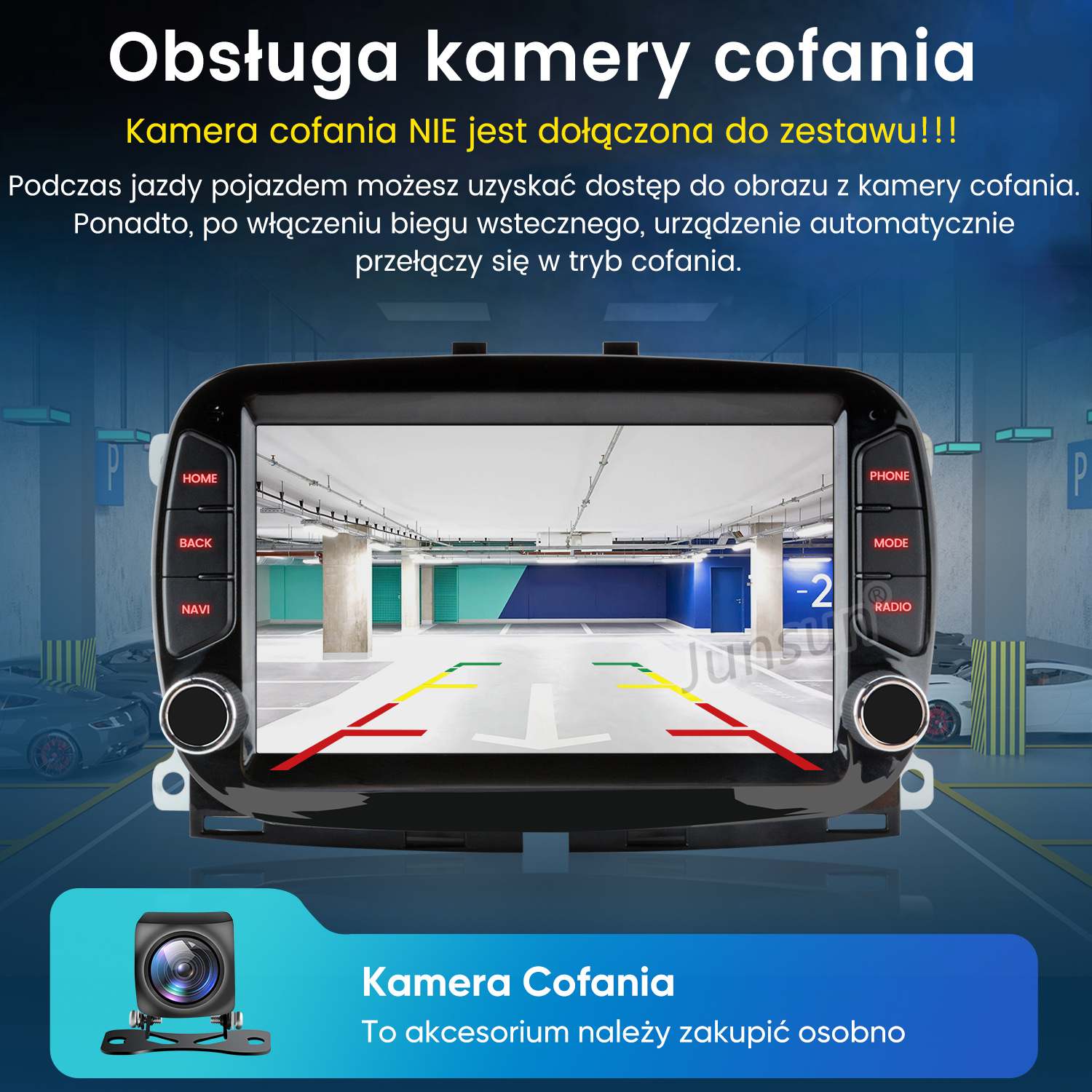 Ekran nawigacji samochodowej wyświetla widok parkingu z kamerą. Poniżej pokazano osobną kamerę. Tekst wskazuje, że jest to akcesorium.