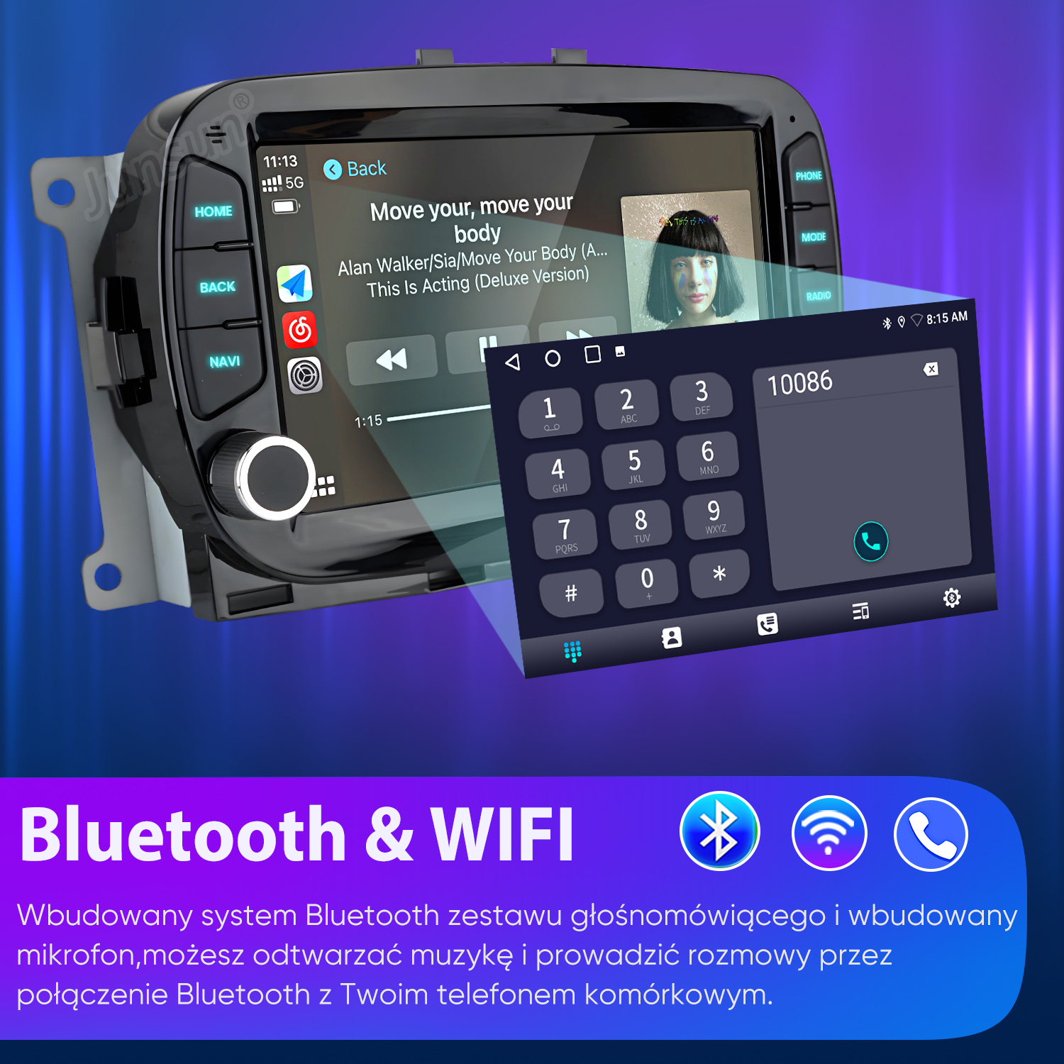 Ekran radia samochodowego z odtwarzaną muzyką i nakładką wybierania numeru telefonu. Posiada ikony Bluetooth i WiFi z tekstem.