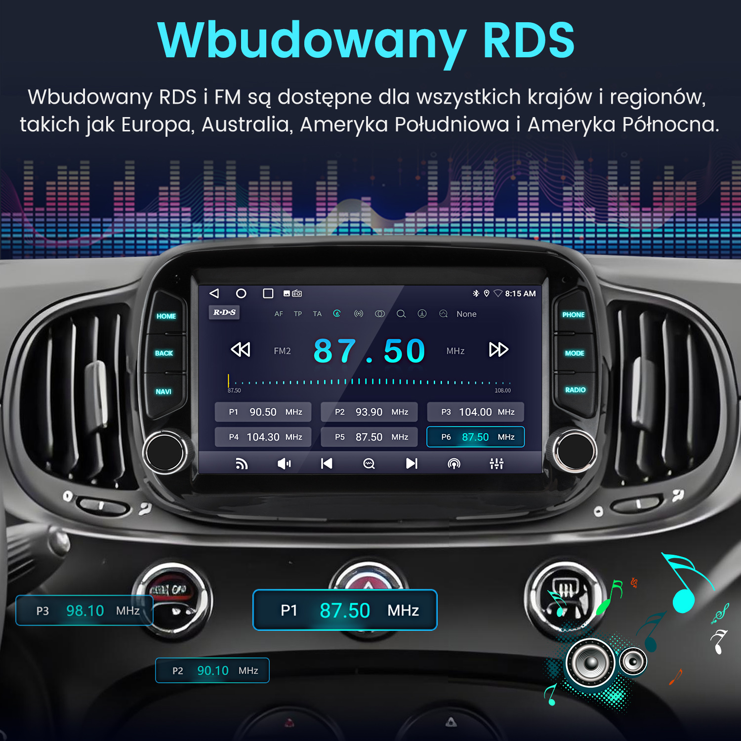 Wyświetlacz radia samochodowego z częstotliwością FM 87,50 MHz. Tekst po polsku. Widoczne przyciski i pokrętła. Tło przedstawia wnętrze samochodu.