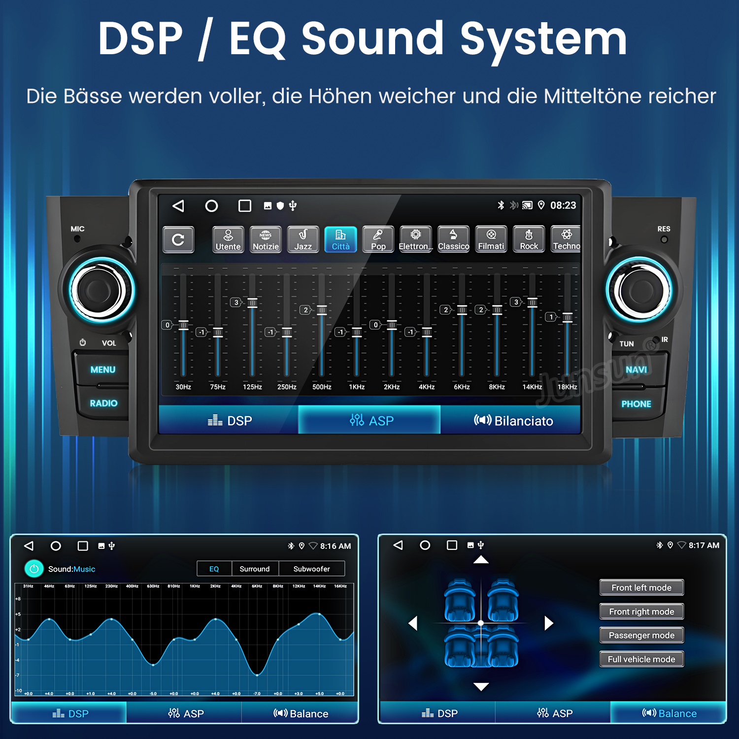 Auto-Audiosystem-Schnittstelle mit Equalizer-Einstellungen und Display. Bedienelemente für Radio, Lautstärke und Navigation sind sichtbar.
