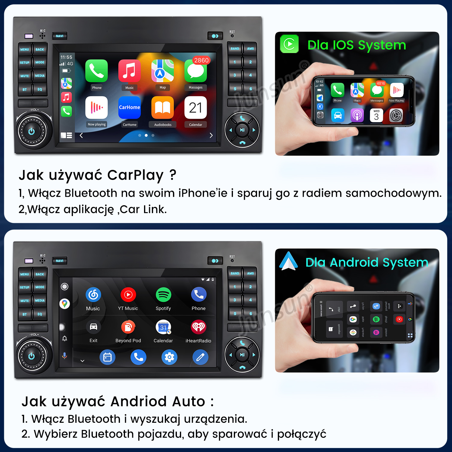 Radio samochodowe z instrukcjami systemów iOS i Android. Zawiera telefon, aplikacje muzyczne i instrukcje konfiguracji CarPlay/Android Auto.