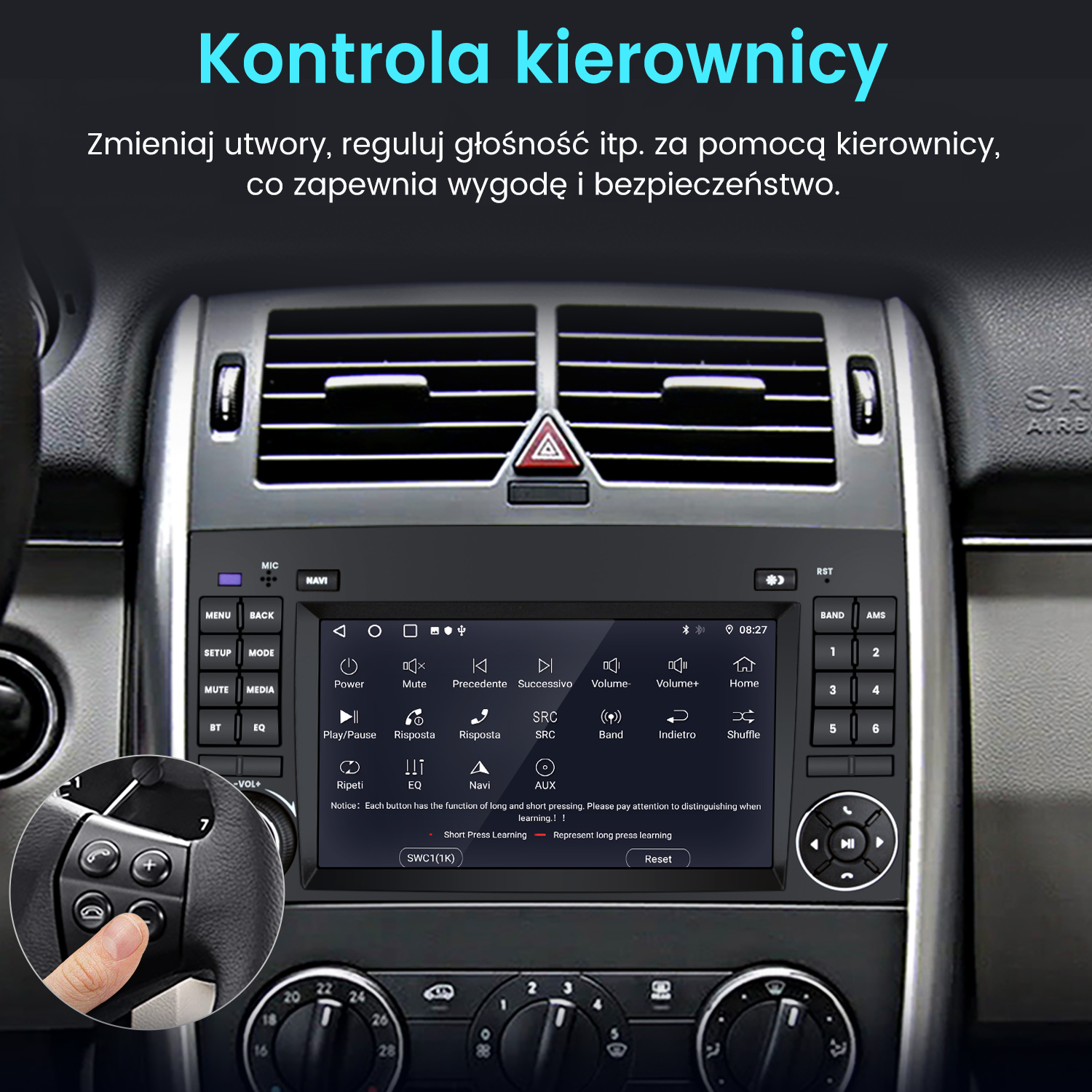 Deska rozdzielcza samochodu z ekranem, kierownicą z przyciskami i otworami wentylacyjnymi. Ręka naciska przycisk.