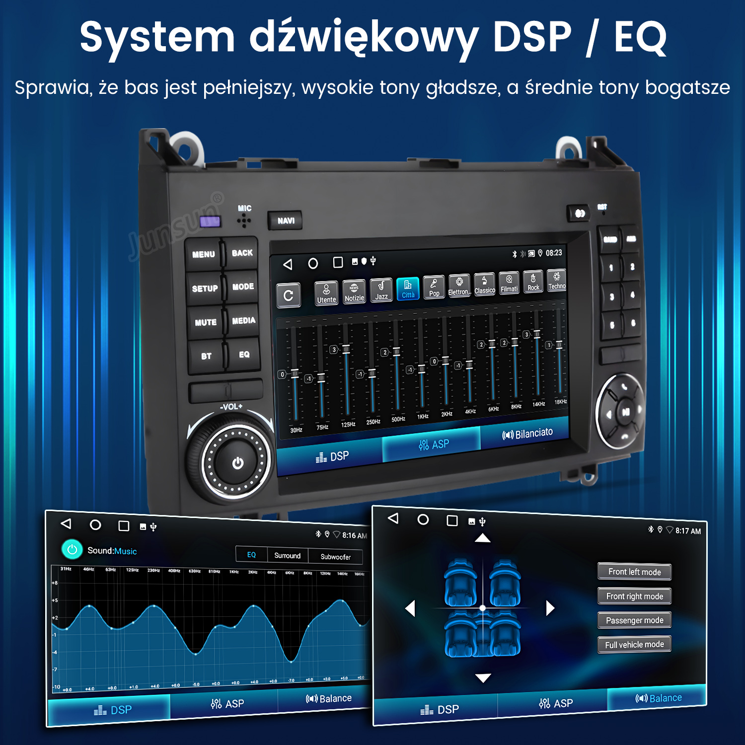 Interfejs samochodowego systemu audio z korektorem i regulacją balansu. Wyświetla wykresy fal dźwiękowych i ustawienia głośników.