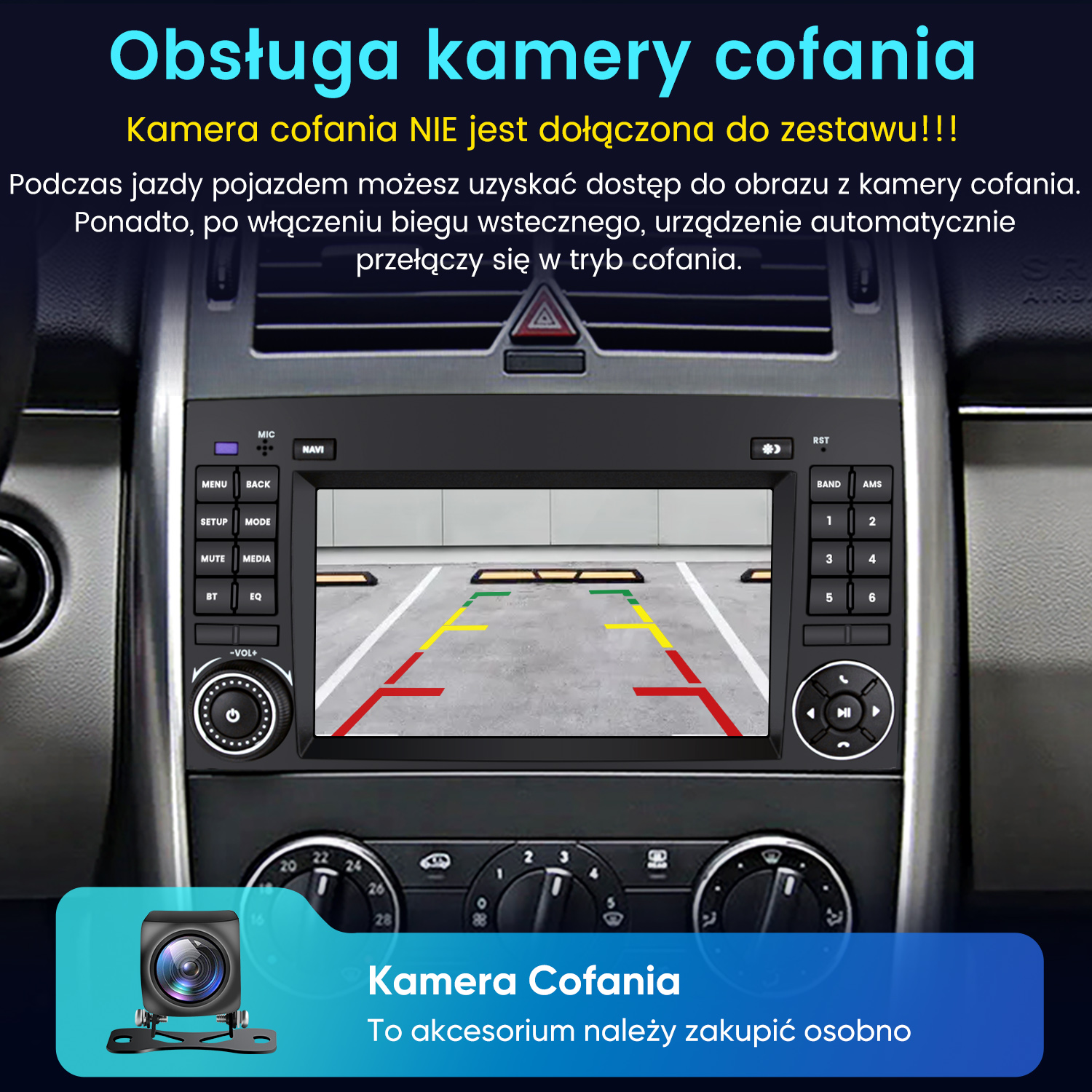 Deska rozdzielcza samochodu pokazująca wyświetlacz kamery cofania z kolorowymi liniami. Poniżej pokazano osobną kamerę.