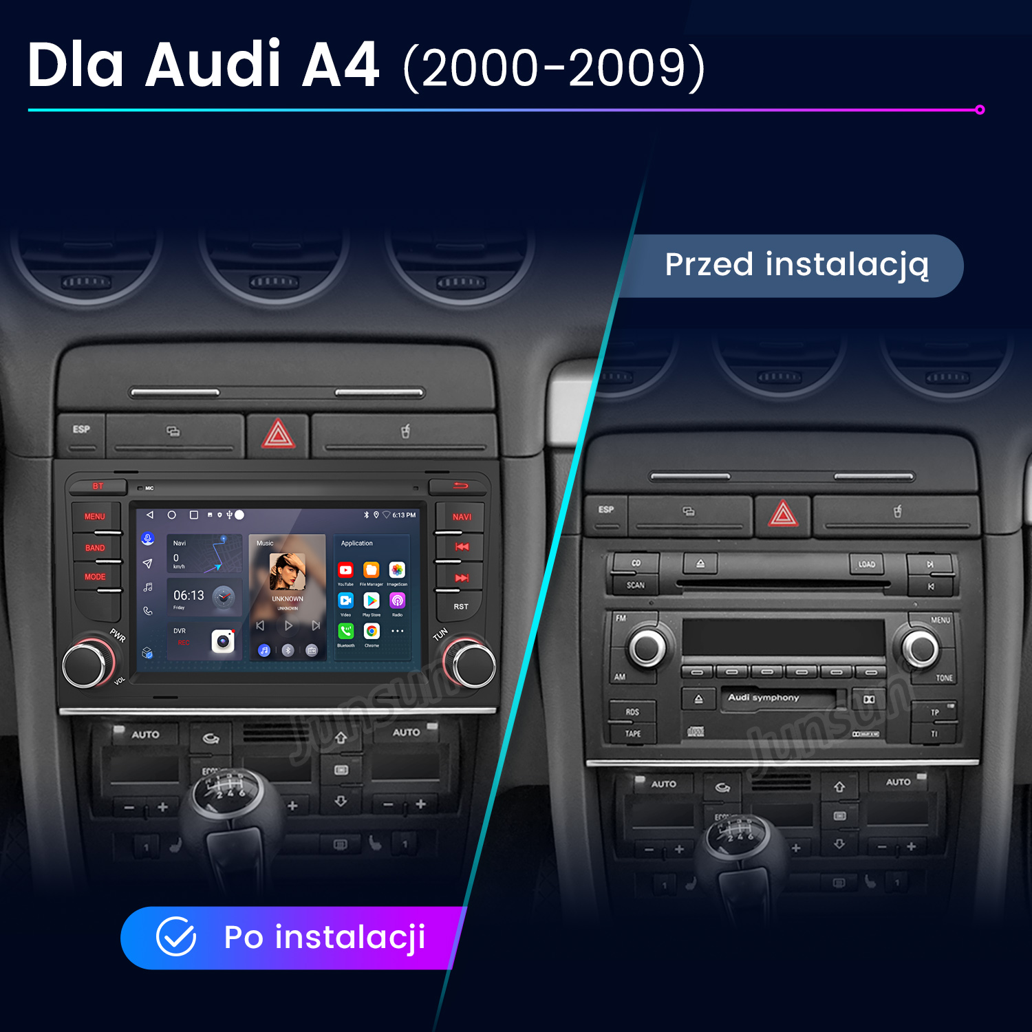 Wnętrze samochodu z widokiem przed i po wymianie radia. Wyświetla nawigację, muzykę i aplikacje.