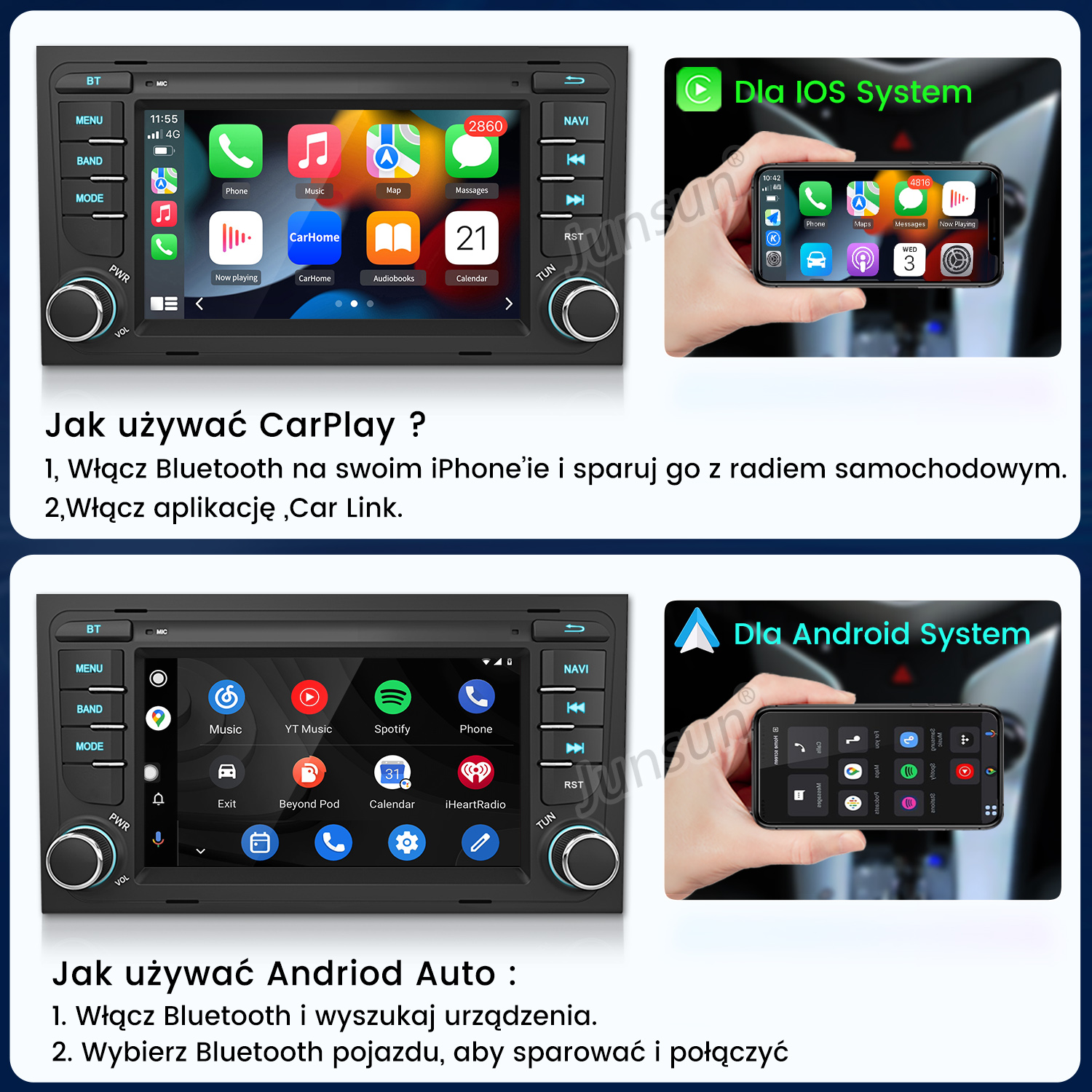 Radio samochodowe z instrukcjami dla systemów iOS i Android. Zawiera ekrany telefonów z ikonami aplikacji i krokami parowania.