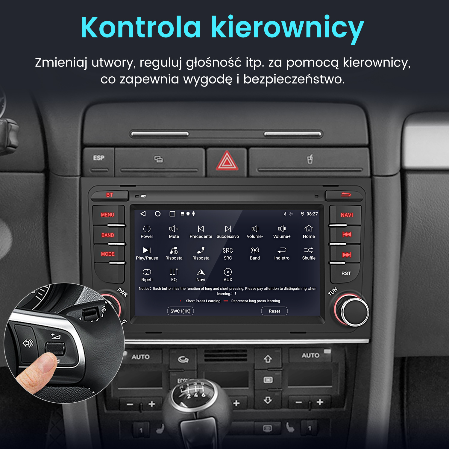 Wnętrze samochodu z centralnym wyświetlaczem, sterowaniem kierownicy i dźwignią zmiany biegów. Palec naciska przycisk na kierownicy.