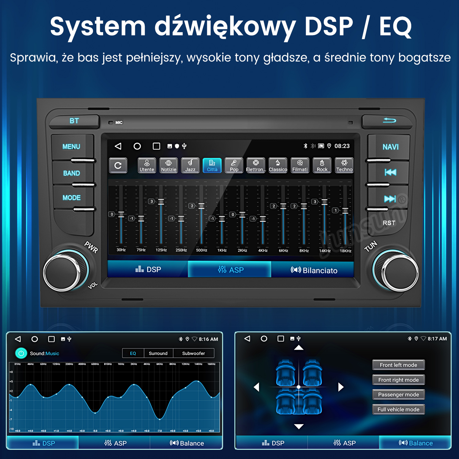 Samochodowy system audio z interfejsem dotykowym. Posiada ustawienia EQ, DSP i balansu. Wyświetla spektrum muzyczne i tryby głośników.