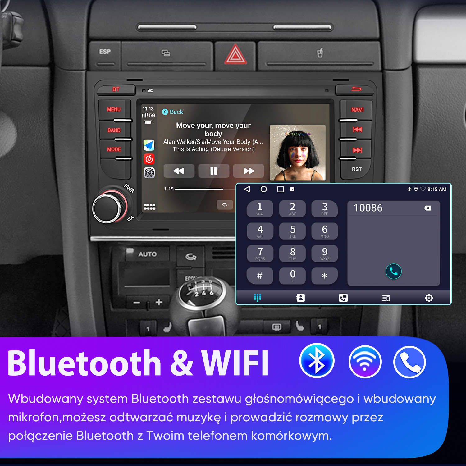 Radio samochodowe odtwarzające muzykę z dialerem telefonicznym na ekranie. Ikony Bluetooth i Wi-Fi poniżej. Przyciski boczne dla funkcji.