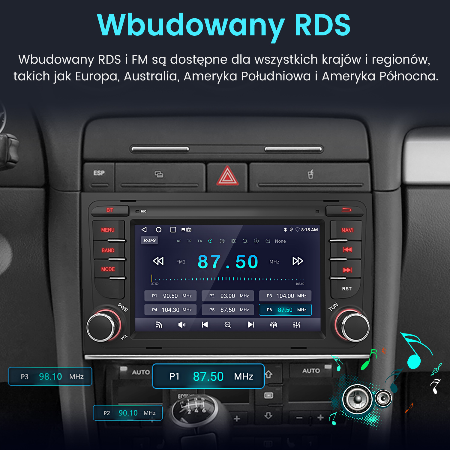 Ekran radia samochodowego wyświetlający informacje radiowe FM. Widoczne przyciski sterowania. Tło to deska rozdzielcza.