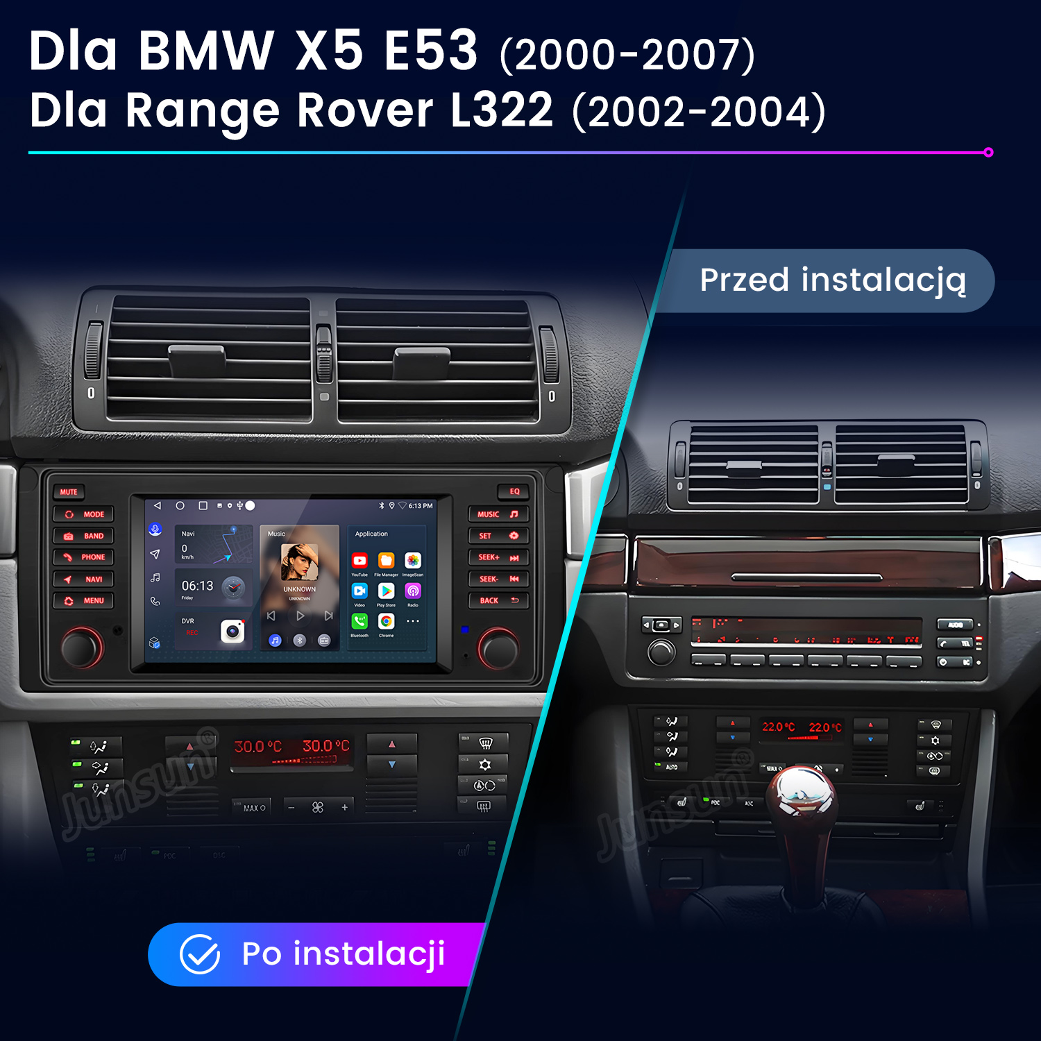 Porównanie deski rozdzielczej samochodu: przed i po instalacji. Pokazuje radio i klimatyzację z wyświetlaczami temperatury.