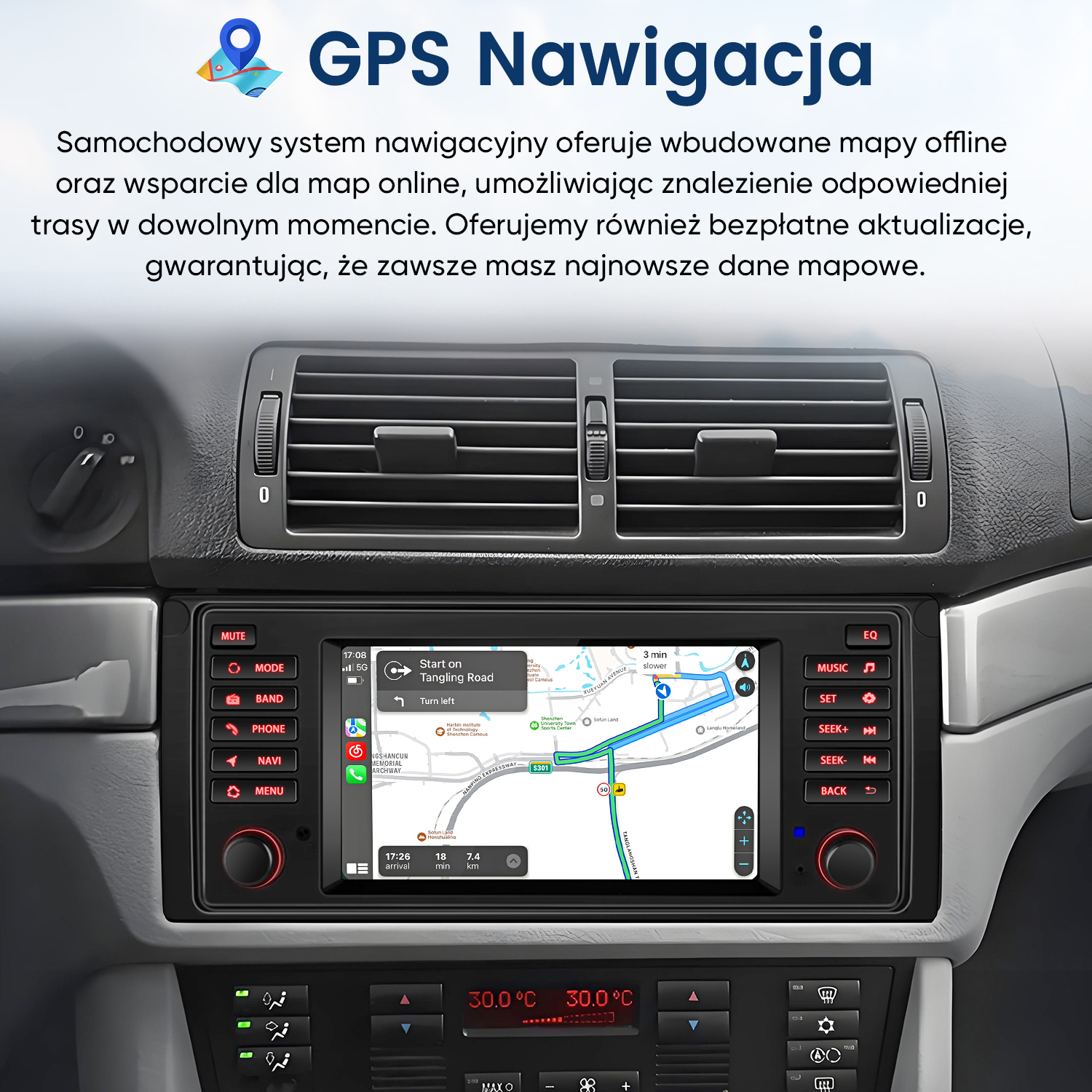 Deska rozdzielcza samochodu z nawigacją GPS na ekranie. Ekran pokazuje mapę z wskazówkami trasy.