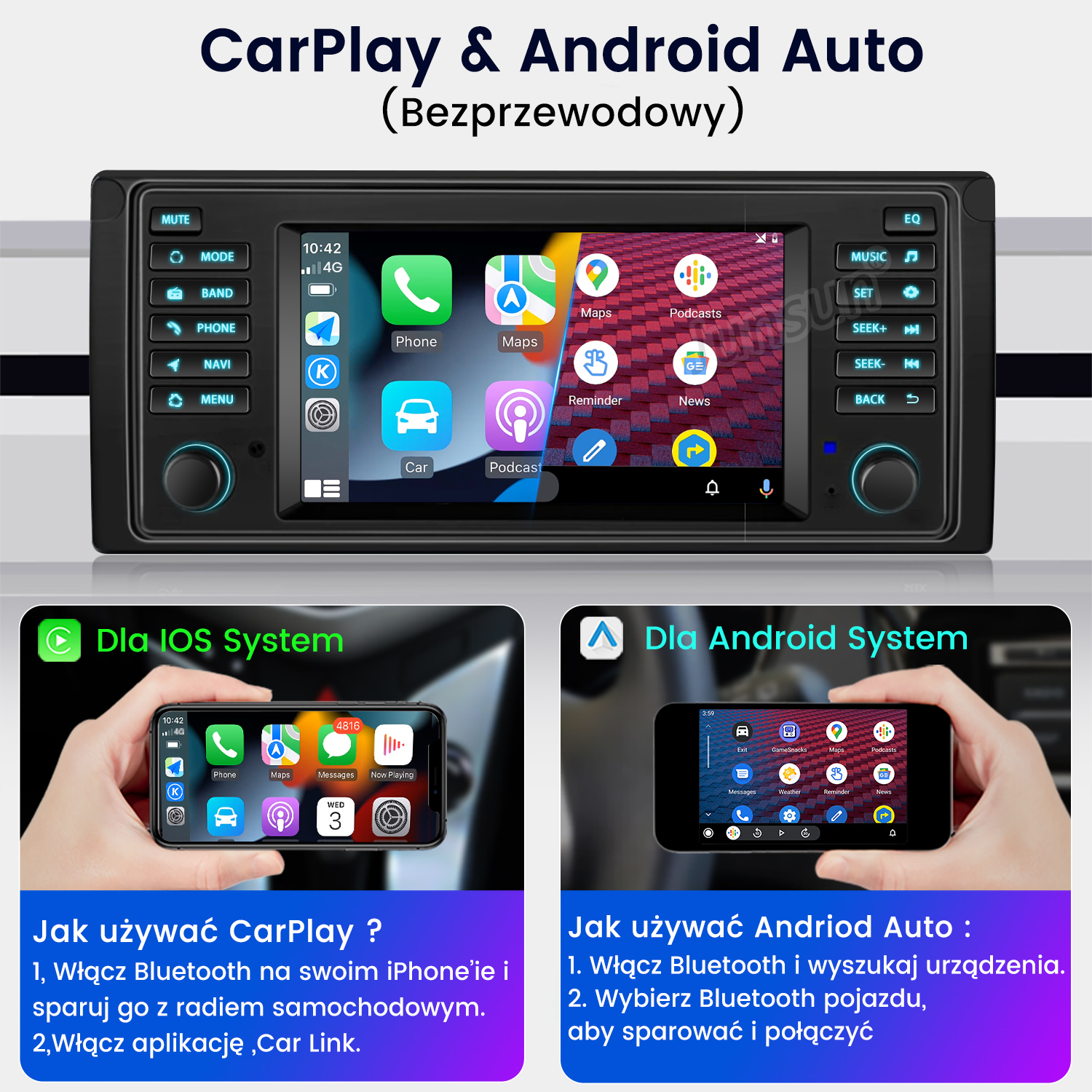 Radio samochodowe z CarPlay i Android Auto. Instrukcje ze zrzutami ekranu z iPhone'a i Androida.