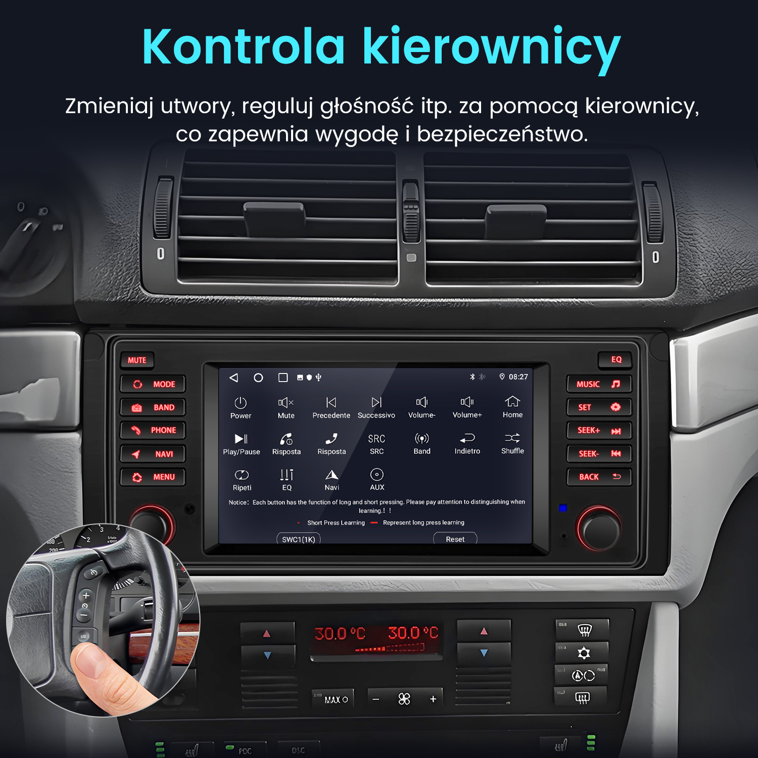 Panel samochodu z ekranem. Ręka na kierownicy. Widoczne regulatory temperatury.