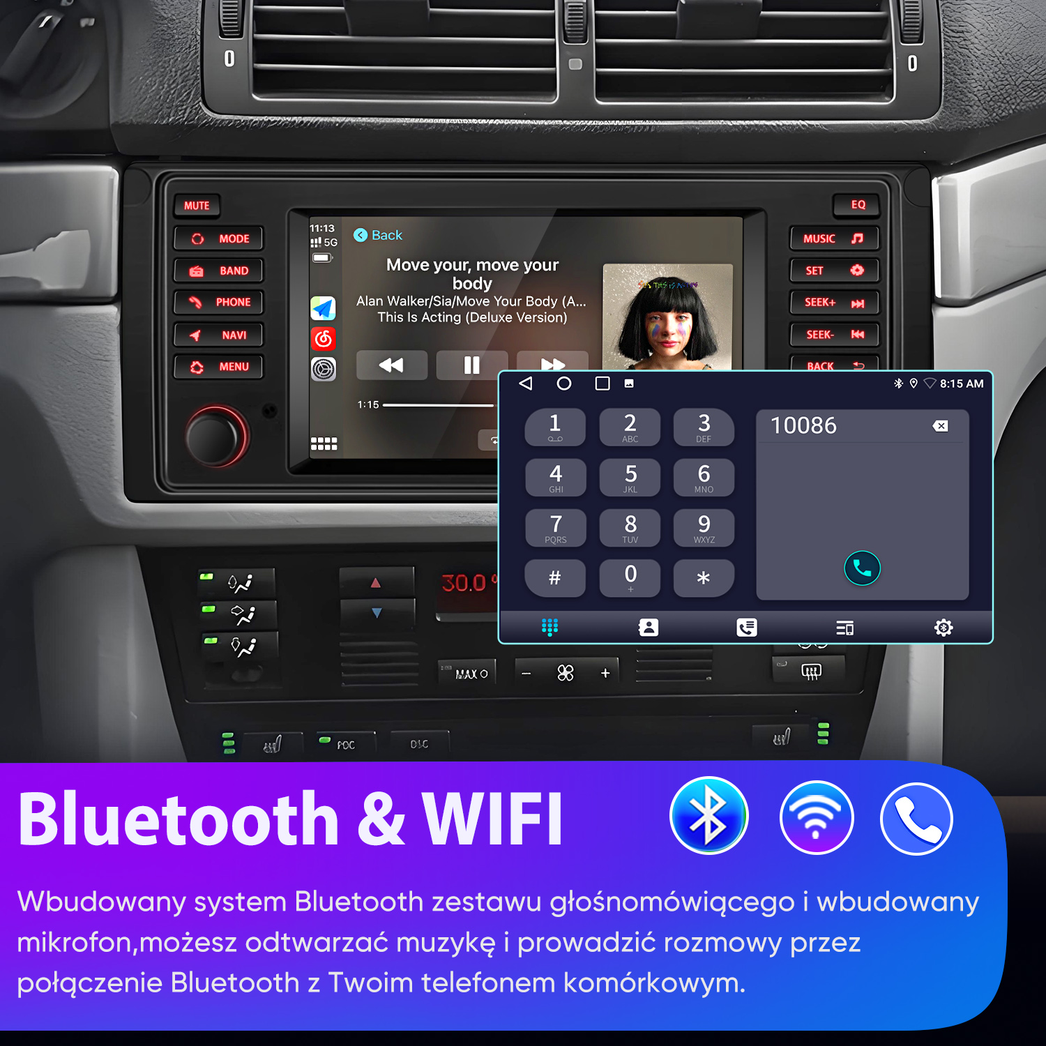 Deska rozdzielcza samochodu z systemem multimedialnym, muzyką i klawiaturą do połączeń.