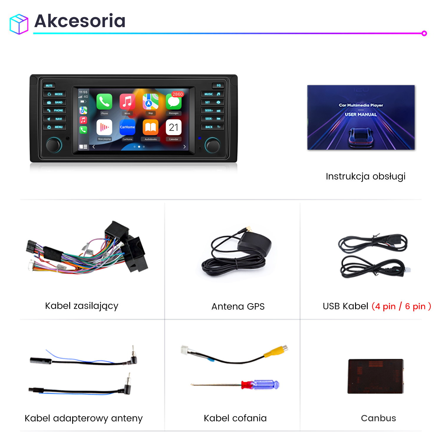 Obraz przedstawia akcesoria multimedialne do samochodu: jednostkę centralną, instrukcję obsługi, kable, antenę i moduł canbus.