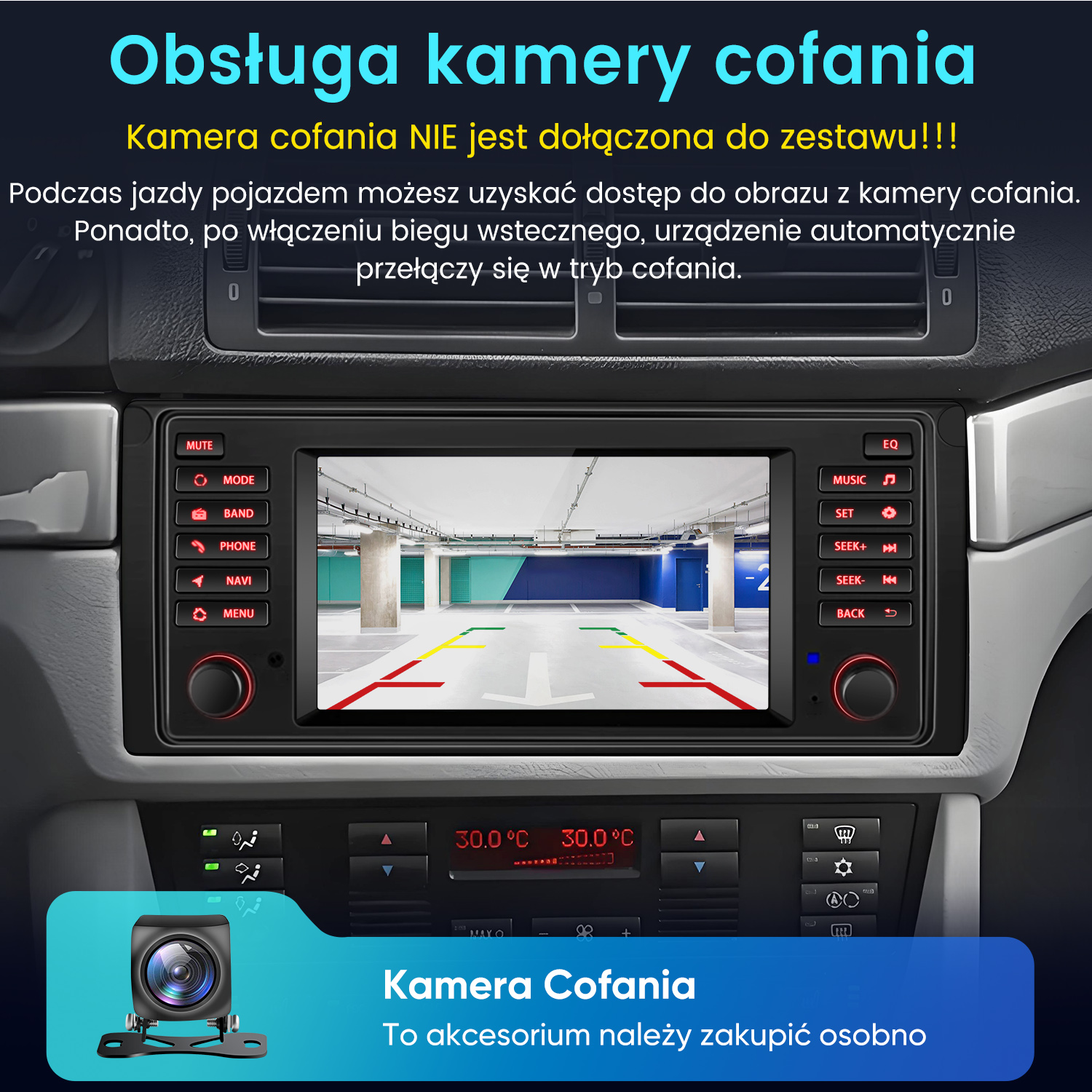 Deska rozdzielcza samochodu z widokiem kamery parkowania. Wyświetlacz temperatury i ikona kamery na dole. Instrukcje na górze.