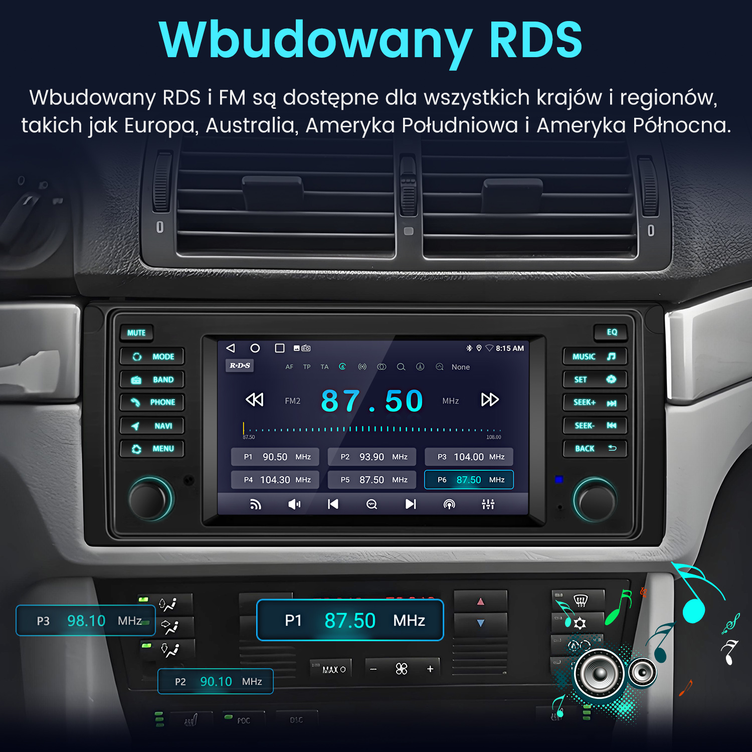 Ekran radia samochodowego wyświetlający szczegóły radia FM. Przyciski: tryb, pasmo, telefon, navi, menu i kontrola muzyki.