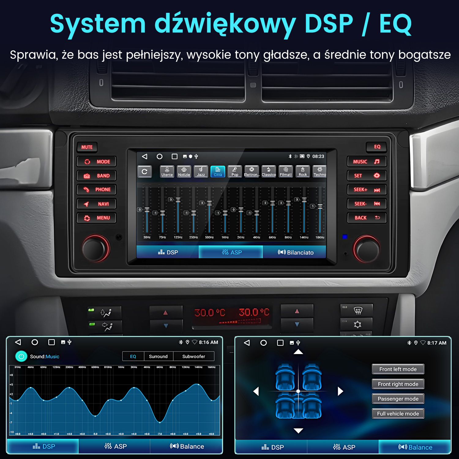 Panel samochodu z ustawieniami DSP/EQ, temperaturą i elementami sterowania. Podświetlane na niebiesko ekrany i przyciski.