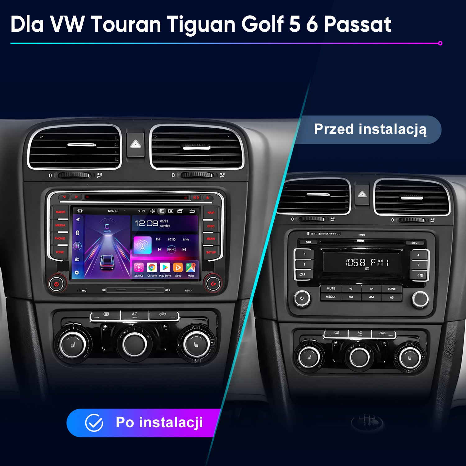 Deska rozdzielcza samochodu pokazująca instalację radia przed i po. Po lewej nowoczesny ekran, po prawej starsze radio.