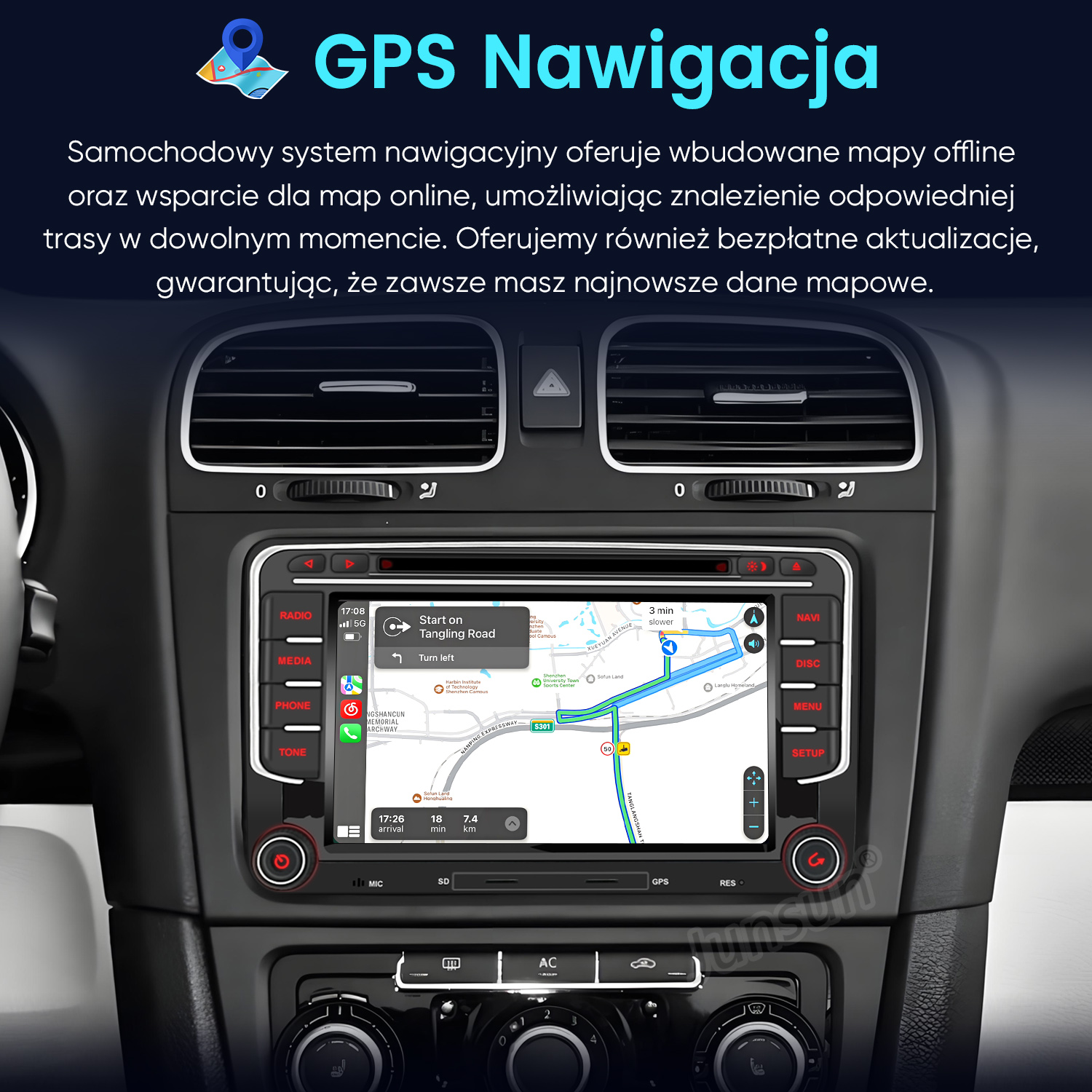 Panel samochodu z nawigacją GPS. Ekran pokazuje wskazówki.