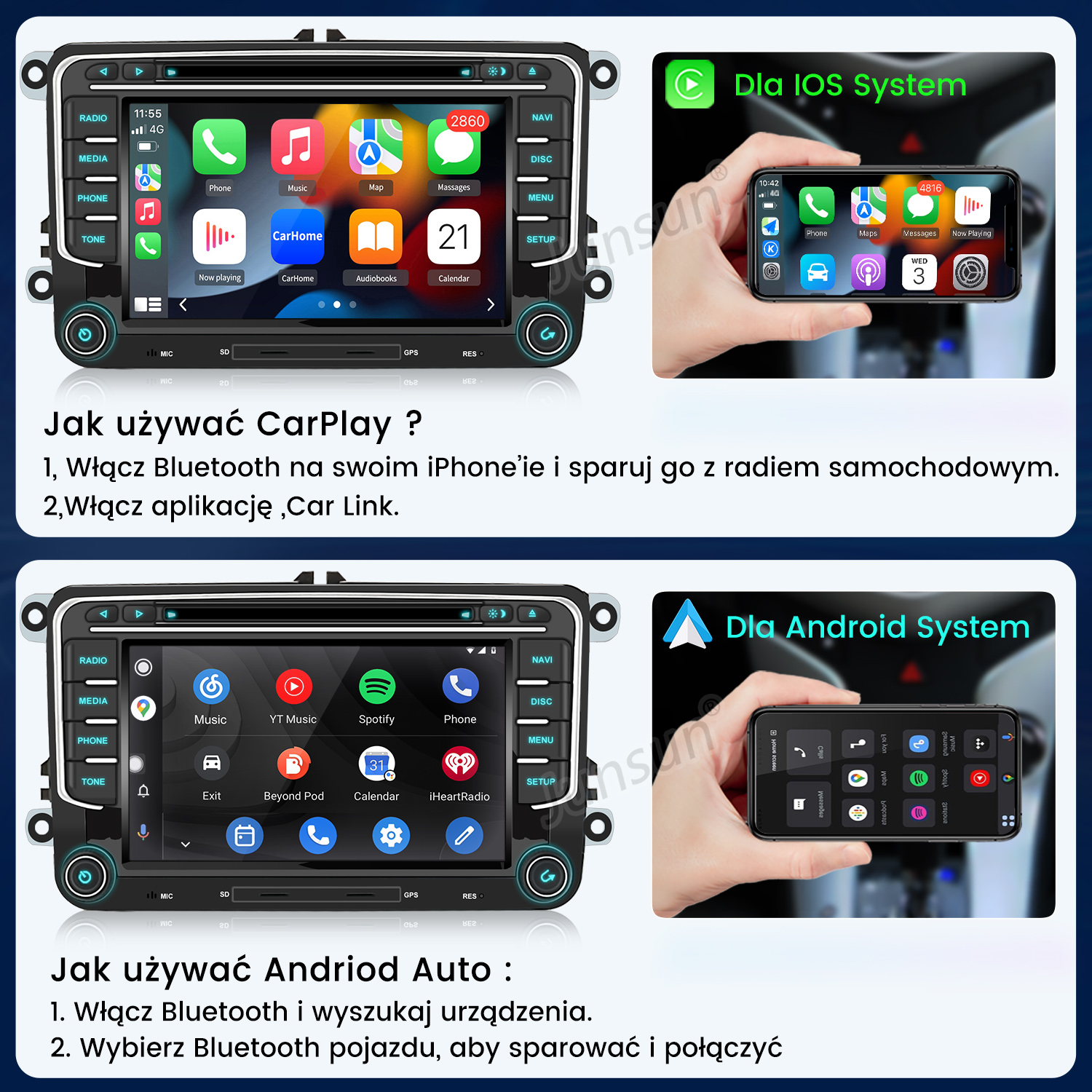 Ekran radia samochodowego pokazujący ikony aplikacji i instrukcje konfiguracji CarPlay i Android Auto z ilustracjami telefonów.