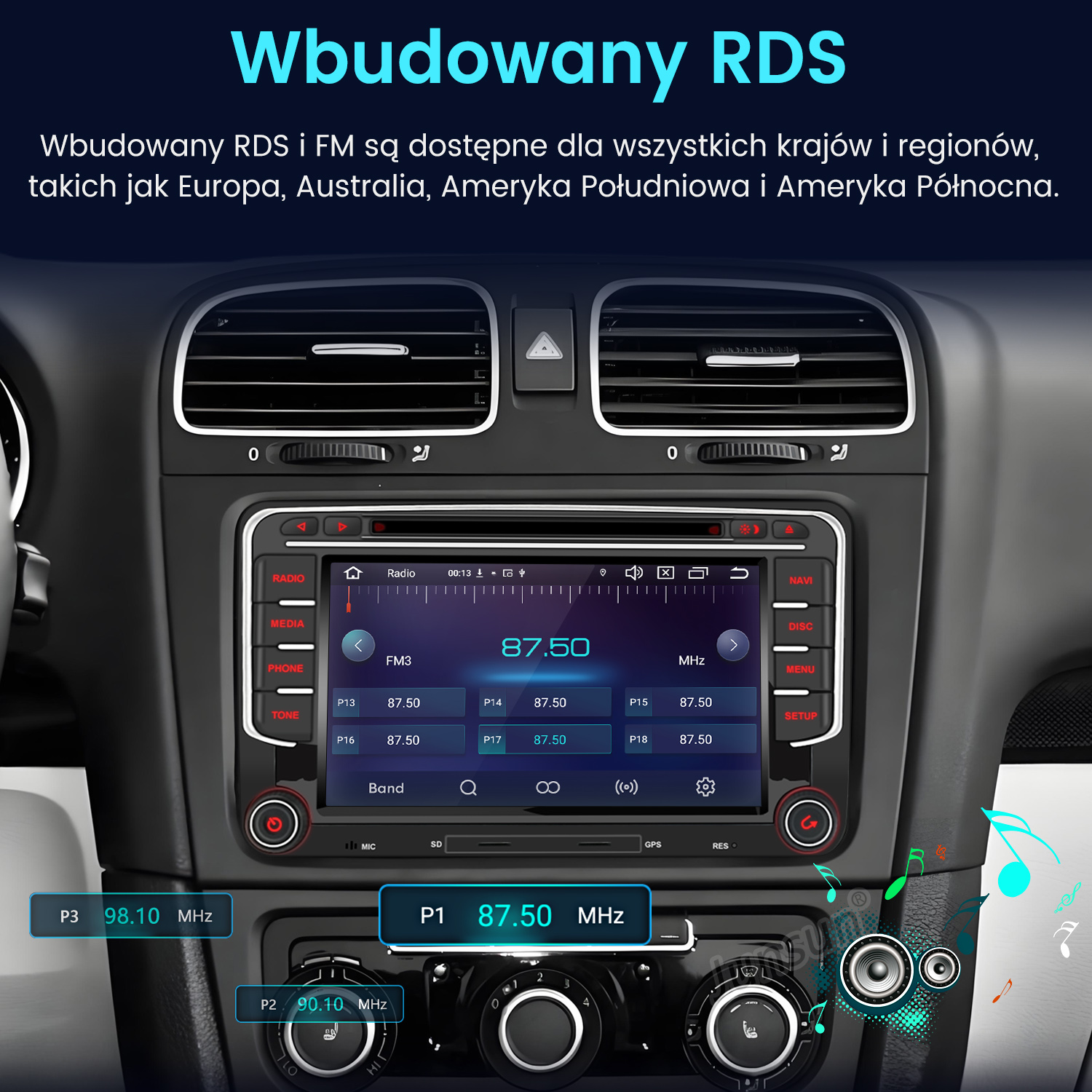 Ekran radia samochodowego wyświetlający informacje radiowe FM. Widoczne przyciski do mediów, telefonu, tonu, nawigacji, płyty, menu i ustawień.