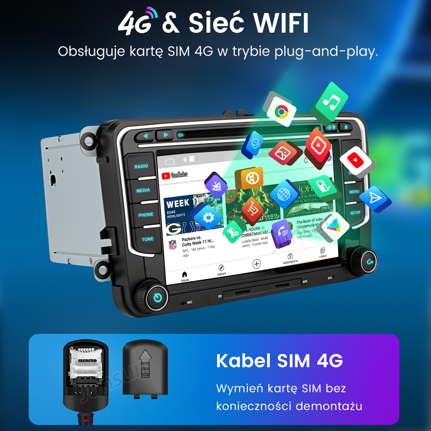 Radio samochodowe z ekranem wyświetlającym filmy z YouTube i ikony aplikacji. Poniżej gniazdo karty SIM i jego osłona.