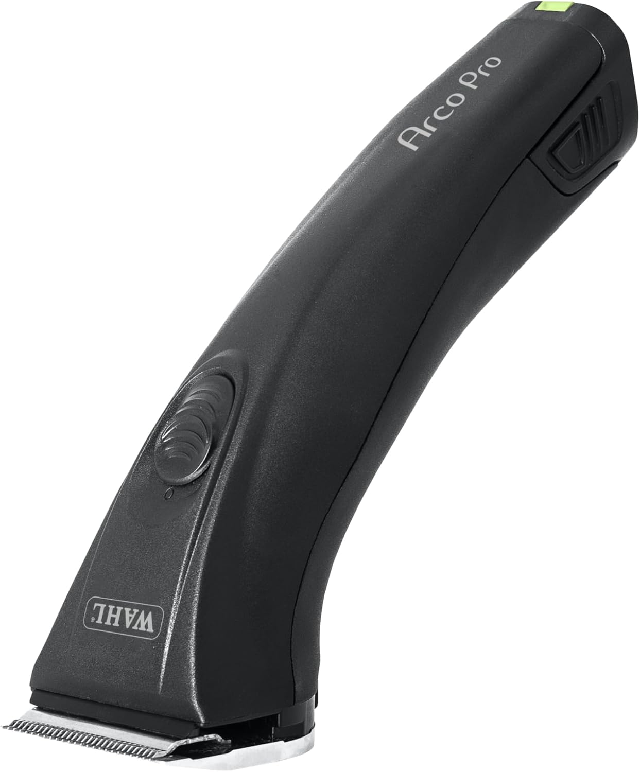 Ein schwarzer Wahl Arco Pro Haarschneider. Er hat eine silberne Klinge, einen Einschaltknopf und den Text 'Arco Pro' an der Seite.