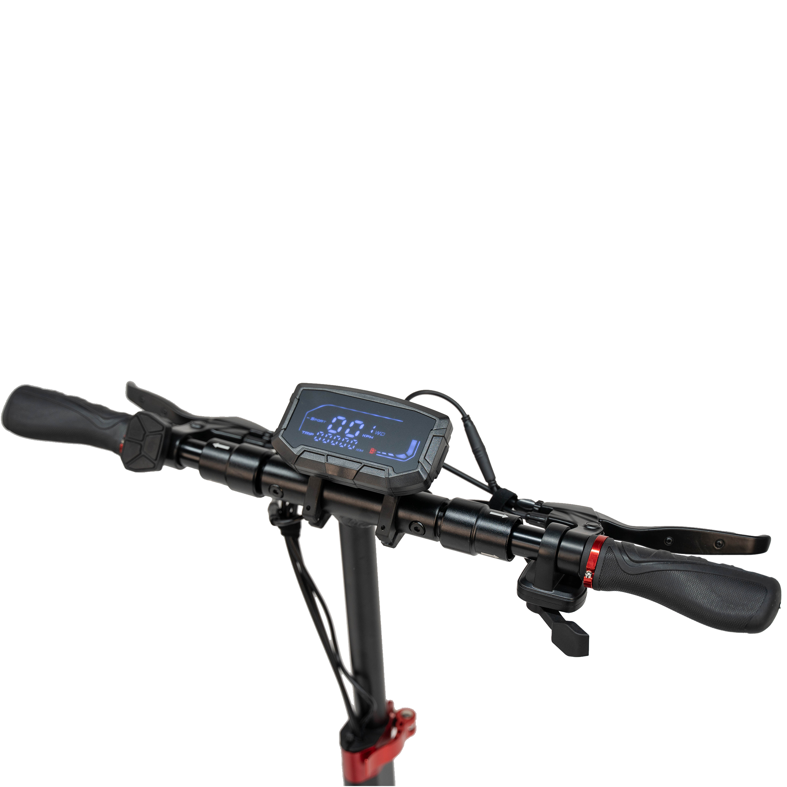 Zbliżenie kierownicy hulajnogi elektrycznej. Posiada wyświetlacz cyfrowy, czarne uchwyty, dźwignie hamulca i czerwone akcenty.