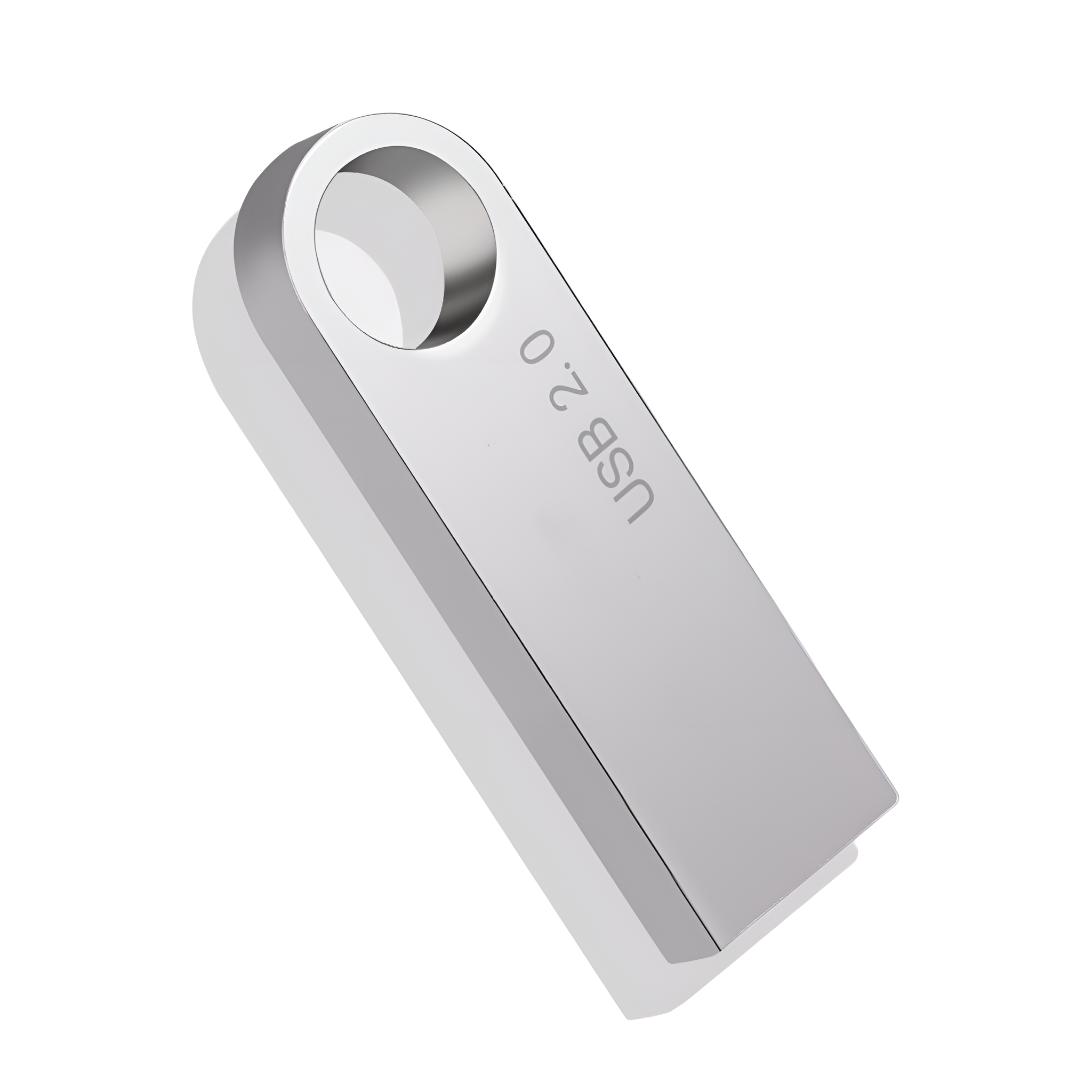 Ein silberner USB-Stick mit einem kreisförmigen Loch oben. Die Worte USB 2.0 sind aufgedruckt. Weißer Hintergrund.