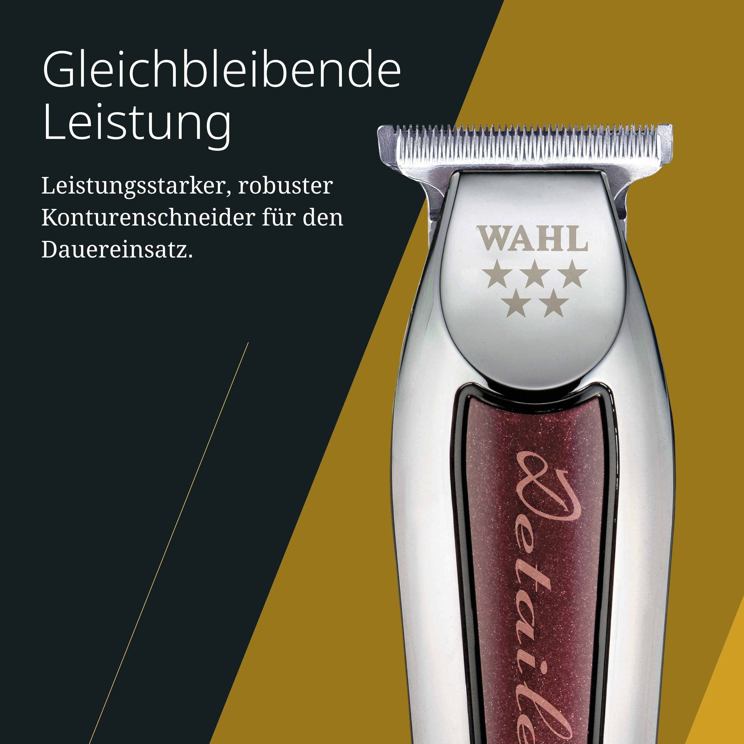 Primo piano di un trimmer Wahl argentato con lama, marchio e pannello bordeaux con la parola Detail.