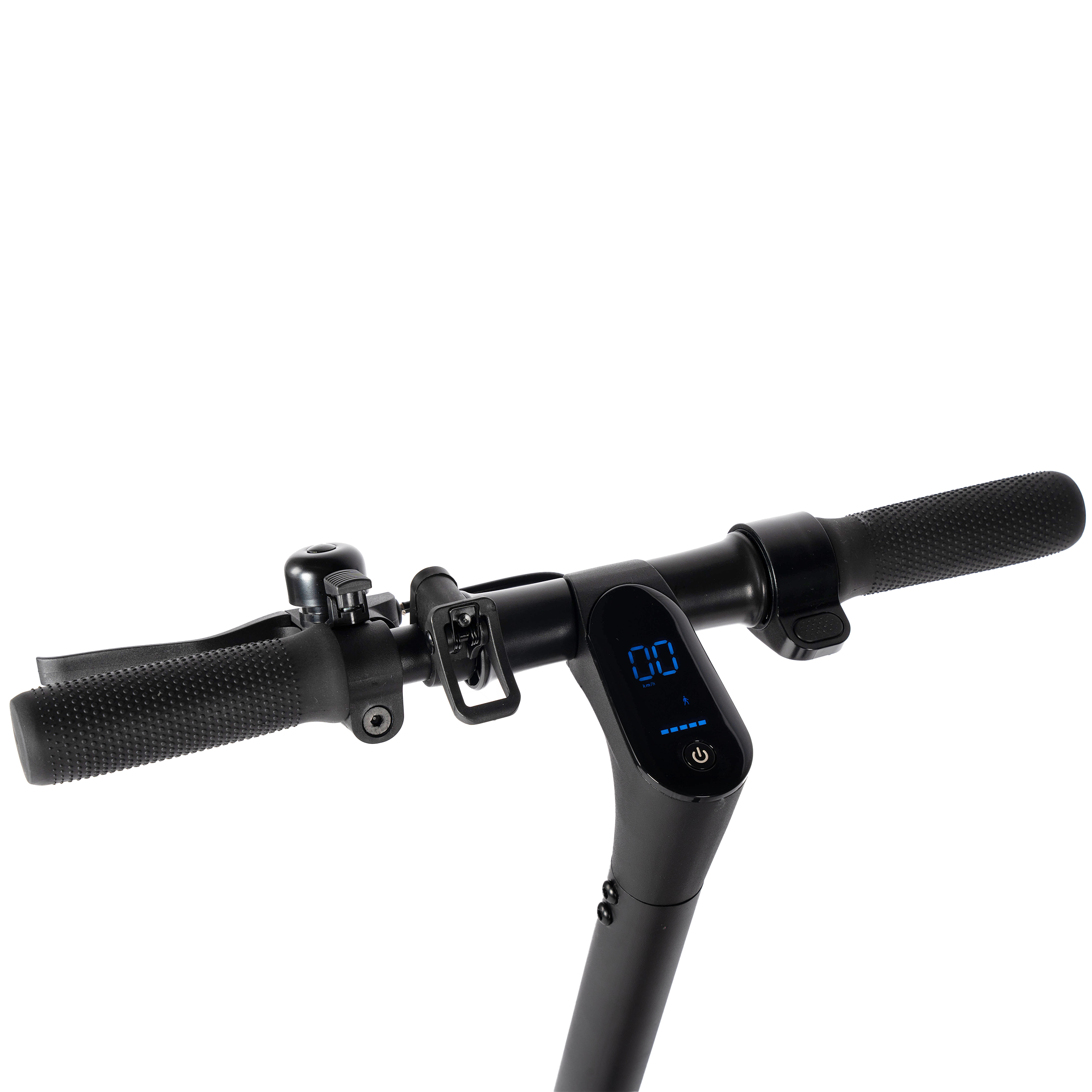 Czarna kierownica skutera elektrycznego. Posiada wyświetlacz z '00', uchwyty, dzwonek i przycisk zasilania.