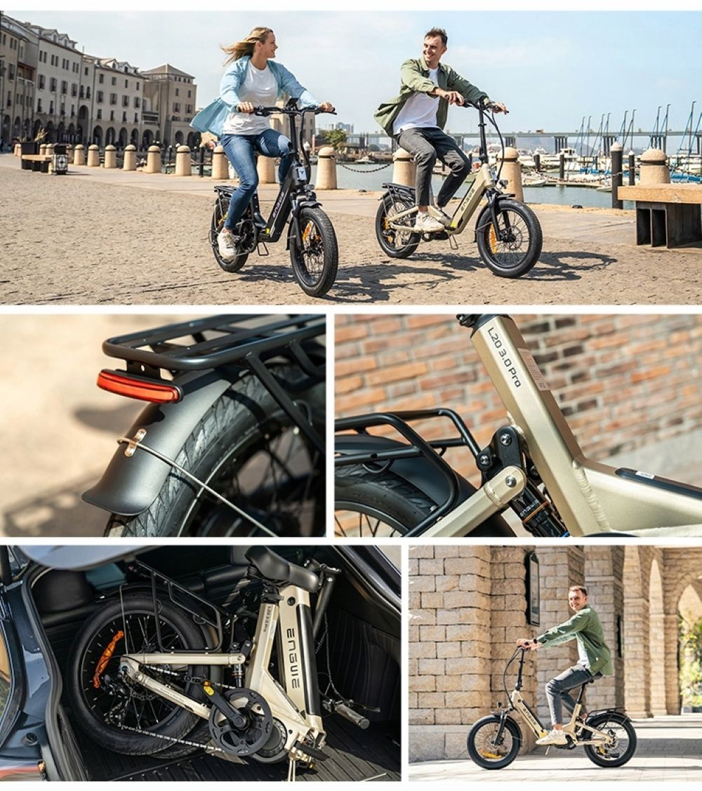 Due persone guidano e-bike su un sentiero lastricato. Edifici e un porto sullo sfondo. Vengono mostrati anche primi piani di parti della bici.