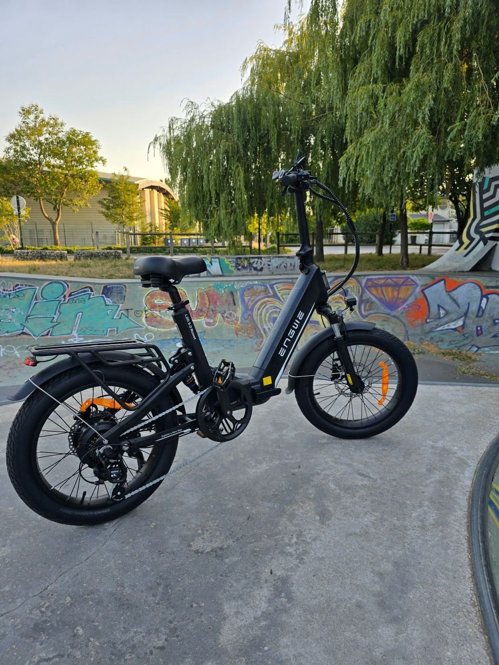 Bicicletta elettrica nera su una superficie di cemento, arte dei graffiti sullo sfondo, alberi sullo sfondo.