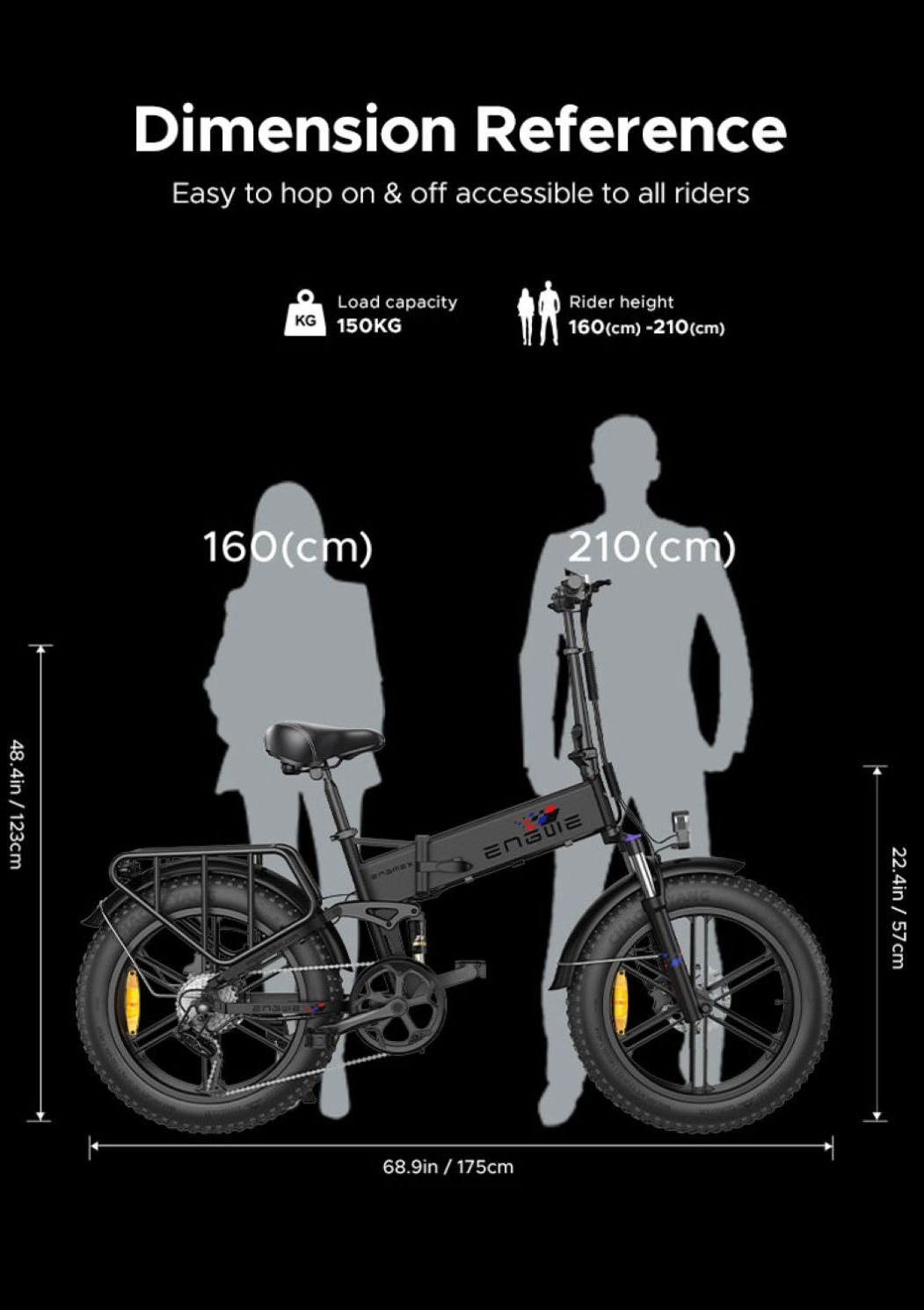 Bicicleta eléctrica negra con detalles de dimensiones. Incluye altura del ciclista, capacidad de carga y medidas. Fondo negro.