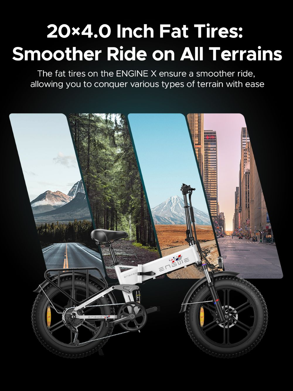 Una bicicleta eléctrica Engine X con neumáticos gruesos. Fondo con montañas, bosques y ciudades.