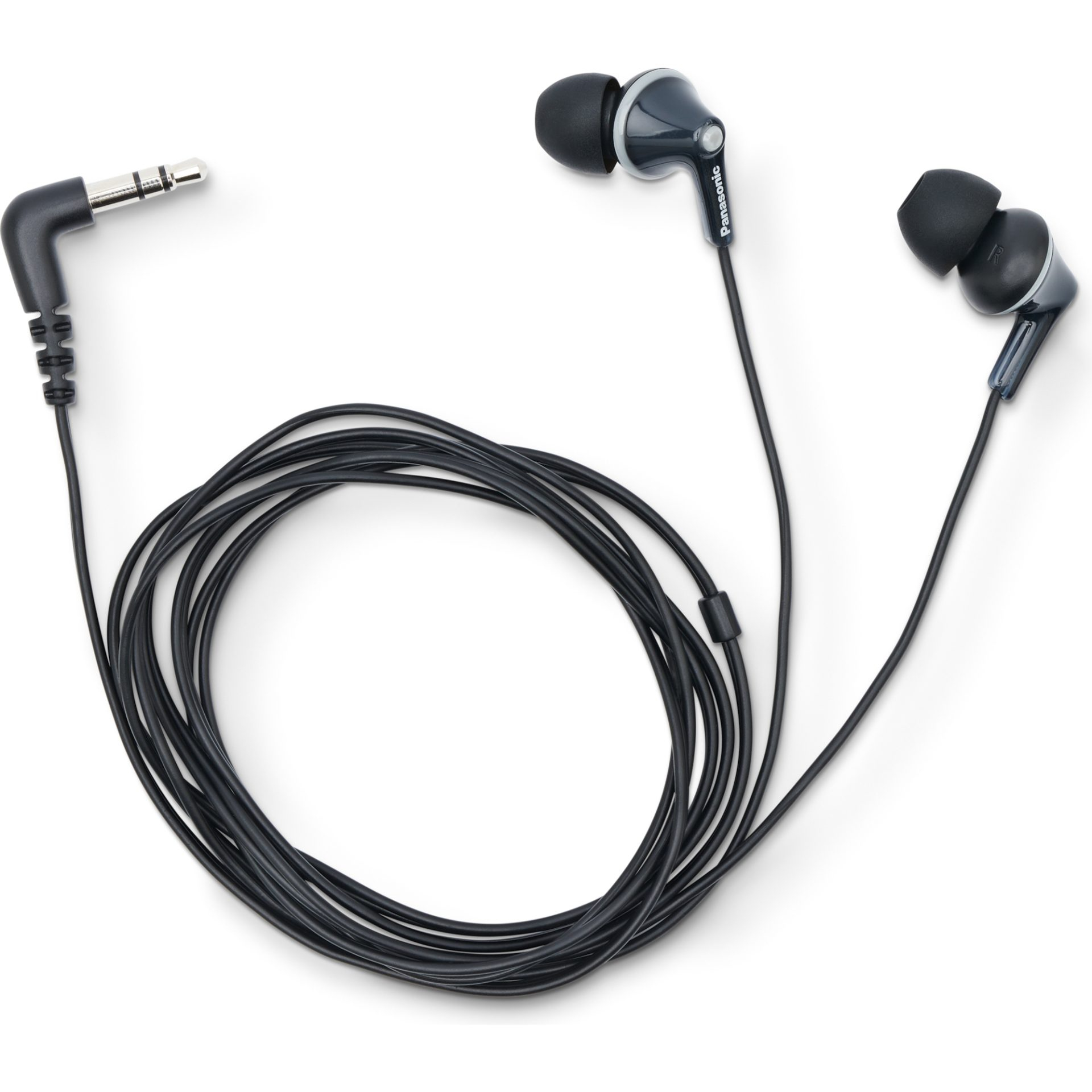 Kopfhörer mit 3,5-mm-Klinke. Zwei graue Ohrhörer mit schwarzen Spitzen, verbunden durch ein schwarzes Kabel. Weißer Hintergrund.