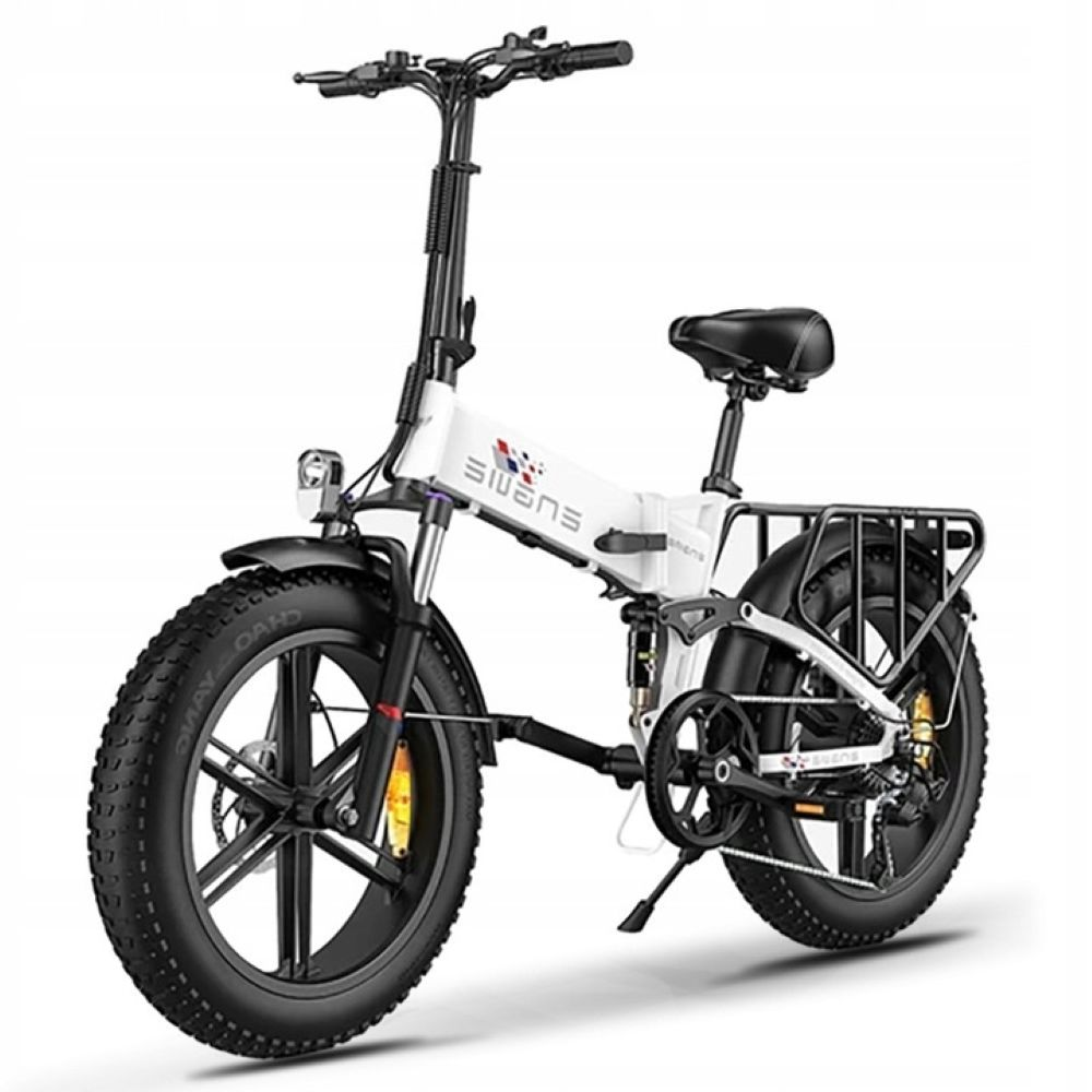 Bicicleta eléctrica blanca. Tiene neumáticos negros grandes, asiento negro y portaequipajes trasero. La marca es visible.