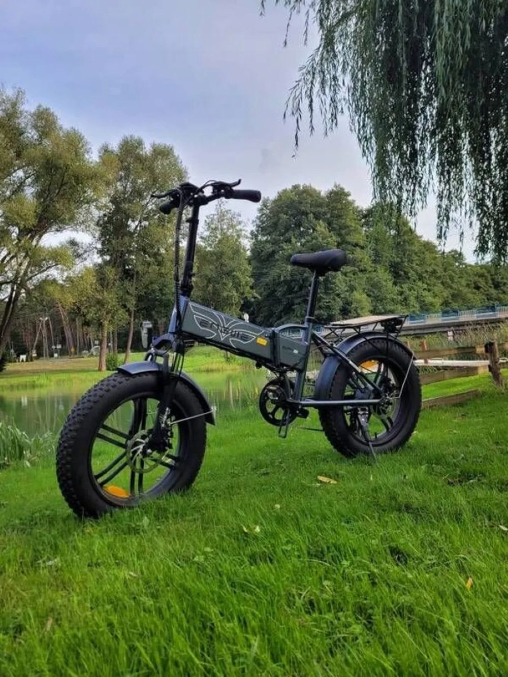 Una e-bike è sull'erba verde vicino a un lago. Alberi e cielo nuvoloso sullo sfondo.